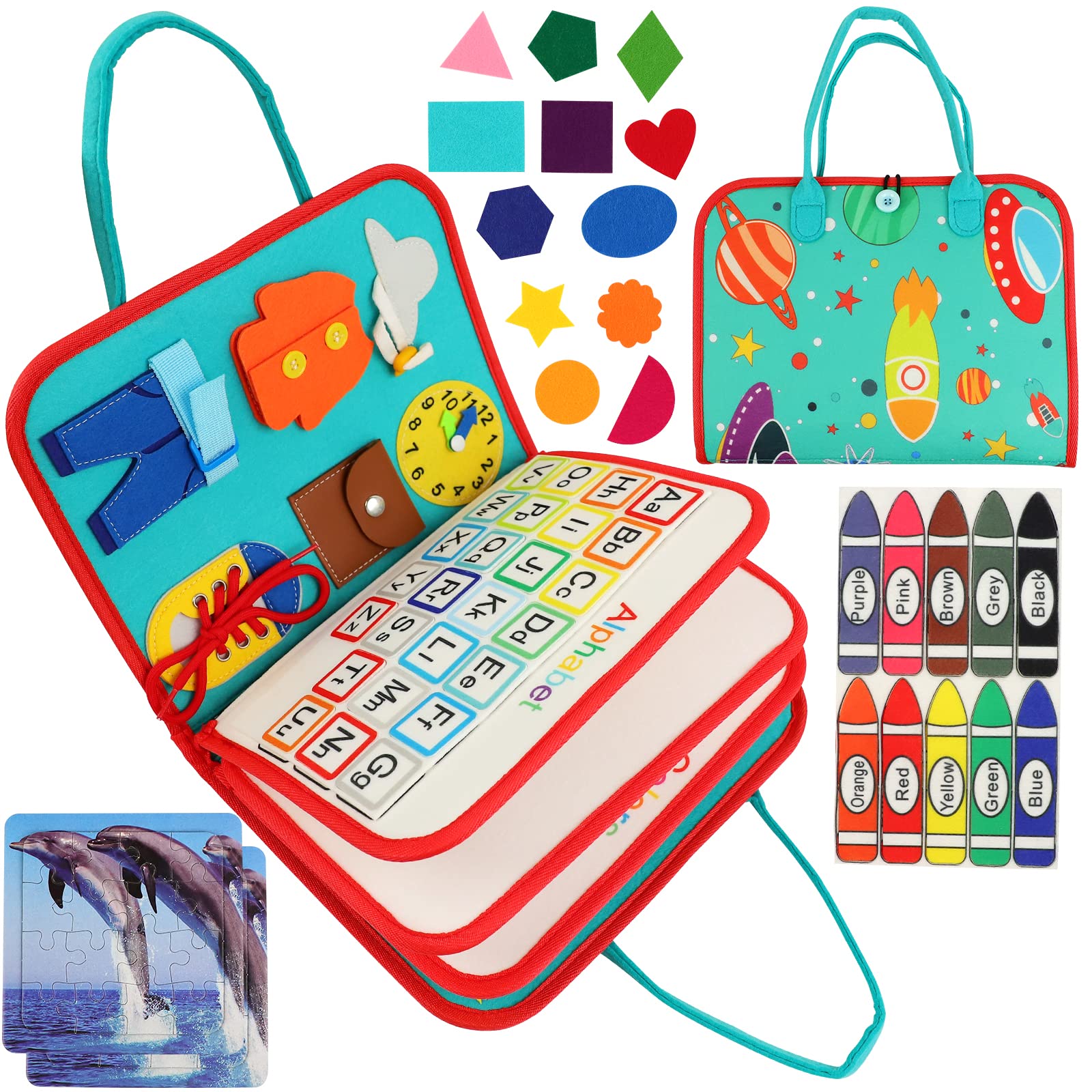 YADIMI Busy Board for Toddler, Montessori Toys with 2 Jigsaw Puzzle, Basic Skills Toddler Activity Board Toys Preschool Educational Learning Toys, Educational Toys for 3-6 Year Olds Kids