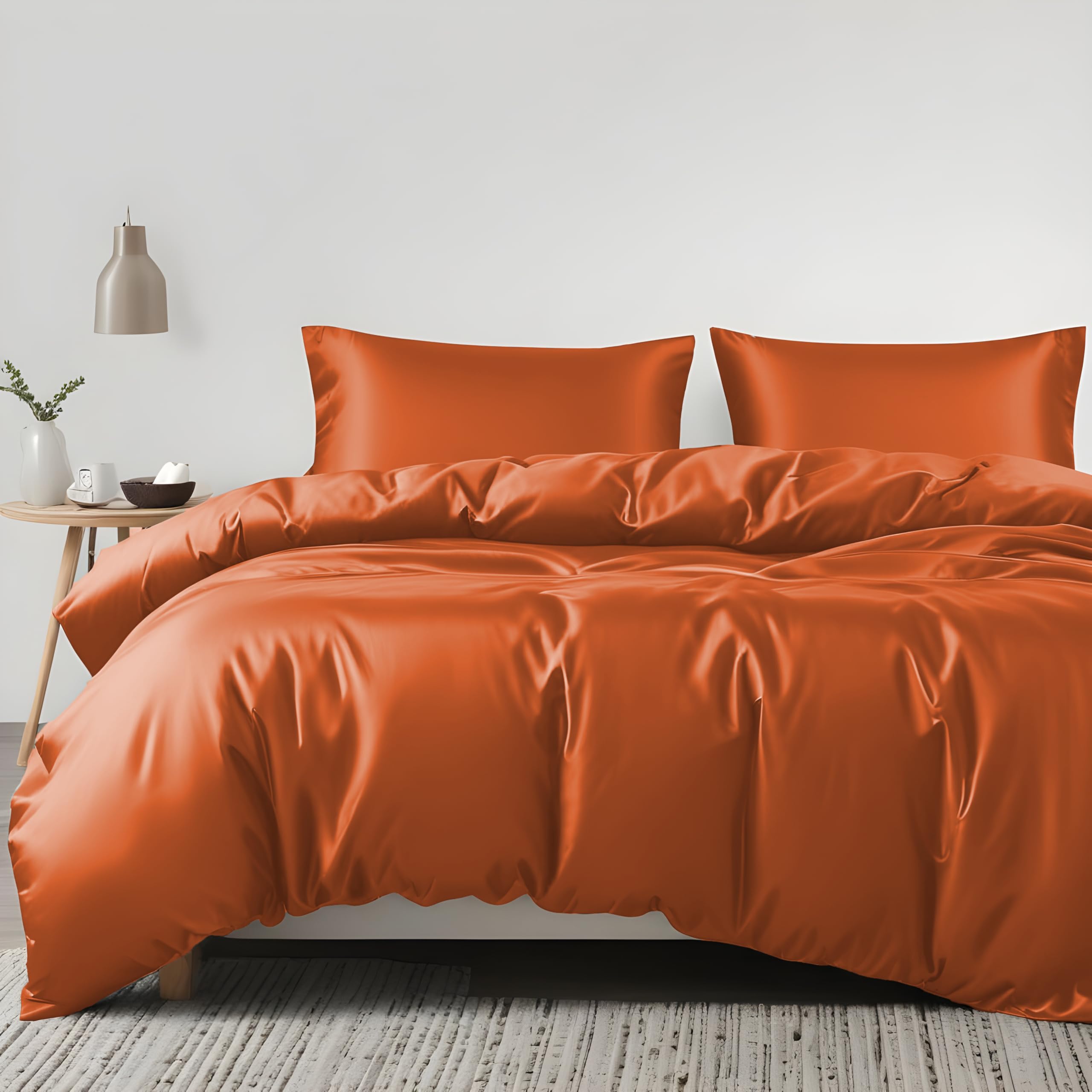 Linenwalas Tencel Lyocell Duvet Cover Set, Eucalyptus Cooling Lightweight Silk Comforter Cover Set with Zipper Closure & Corner Ties (Halloween Orange, Queen)