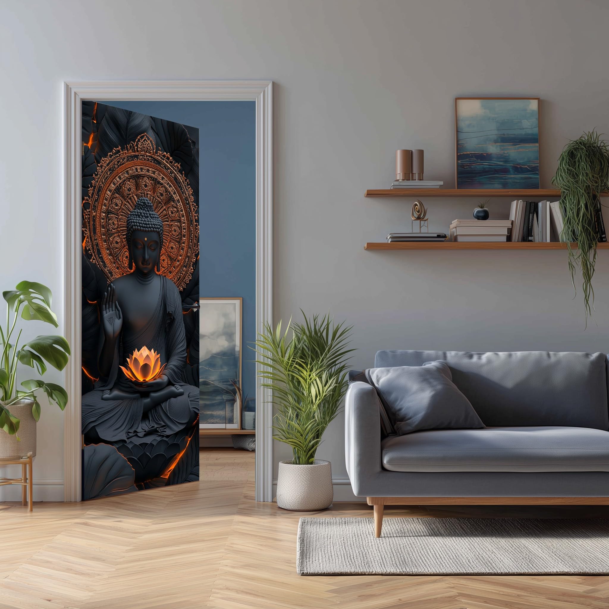 Buddha Asiatico Pellicola Decorativa per Porte InterneLoto 100x200 cm | per Meditazione Poster Muro e Adesivi da Parete 3D, Aureola Mandala Carta Adesiva per Protezione Mobili, Lavabile