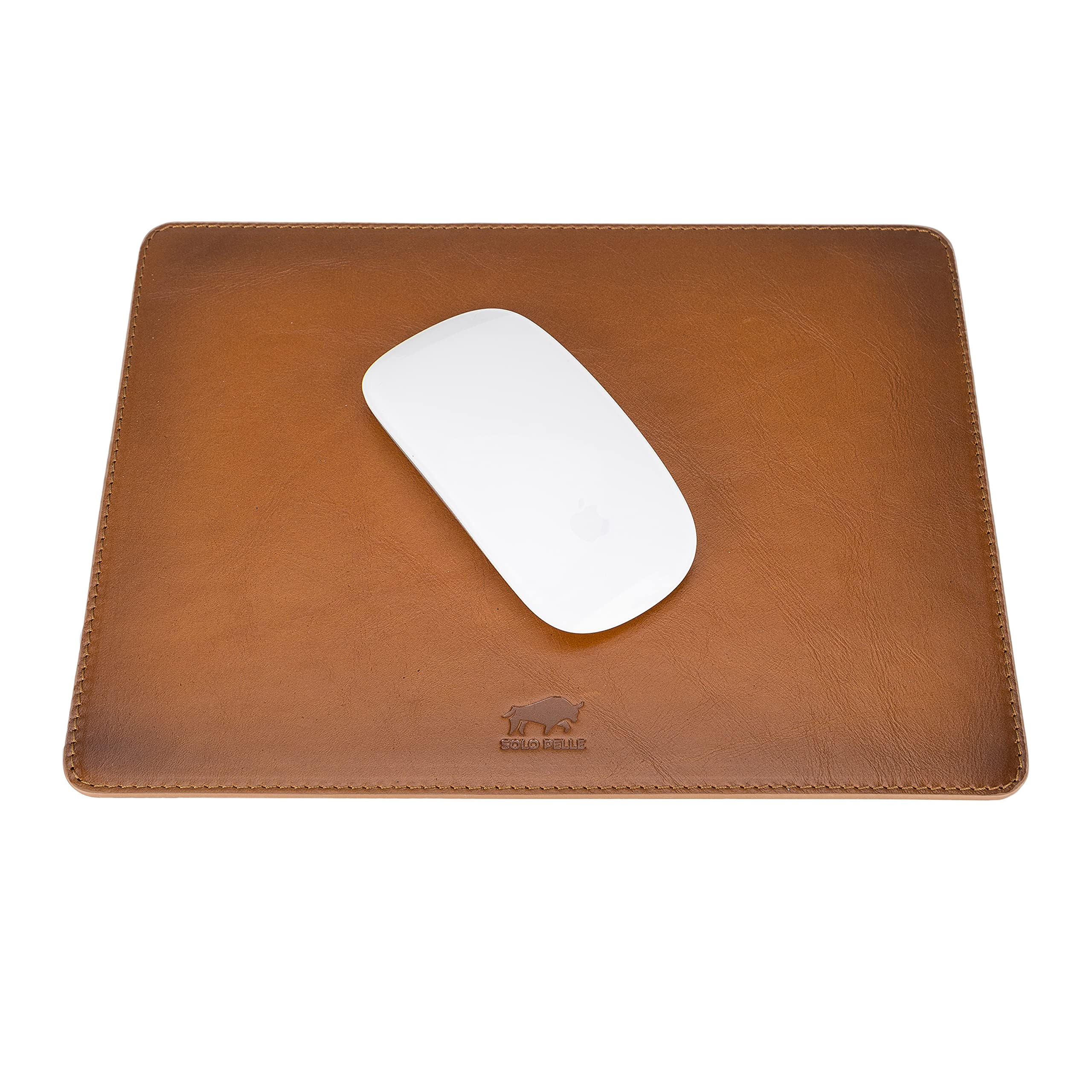 Solo Pelle - Hochwertiges Leder Mousepad 26x20 cm - Mauspad aus echtem Leder - Unterlage für Computermaus - Leather Pad - Handarbeit Made in Europa (Cognac Braun)