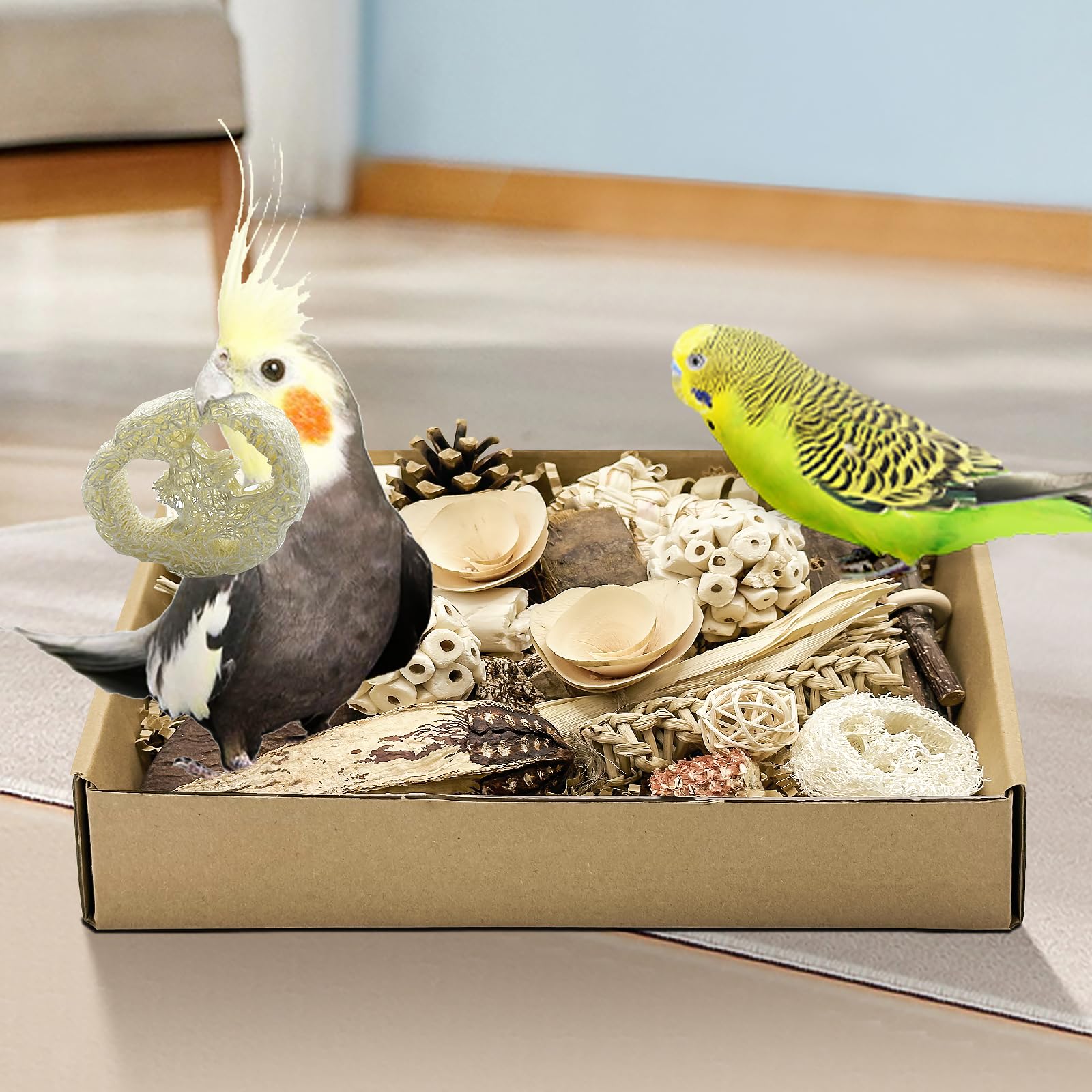 Juguete Natural para pájaros, Caja de Juguetes para triturar Loros, Juguetes para Masticar cacatúa, Periquito, Periquito, pájaros pequeños y medianos (Color Natural)