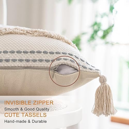 Miniatura 3 de Juego de 2 fundas de almohada bohemias de 18 x 18 pulgadas, fundas de almohada tejidas copetudas con borlas y rayas texturizadas, fundas de cojín