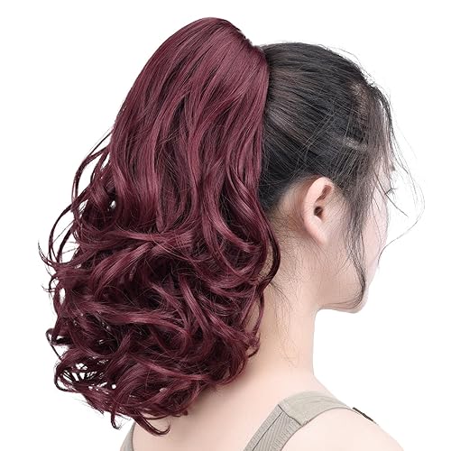 Miniatura 3 de SYXLCYGG Extensión de cola de caballo burdeos con clip de garra, cola de caballo sintética de 14 pulgadas, rizado, 4.3 onzas, piezas de pelo falso