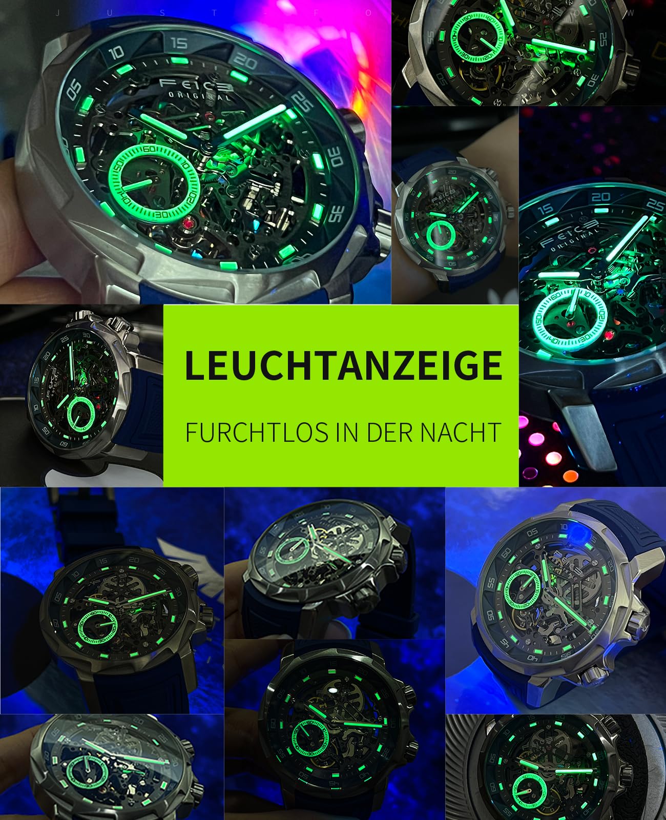 FEICE Herren Automatikuhr Skelett Saphirglas mit Gummiarmband Edelstahlgehäuse 46 mm FM511