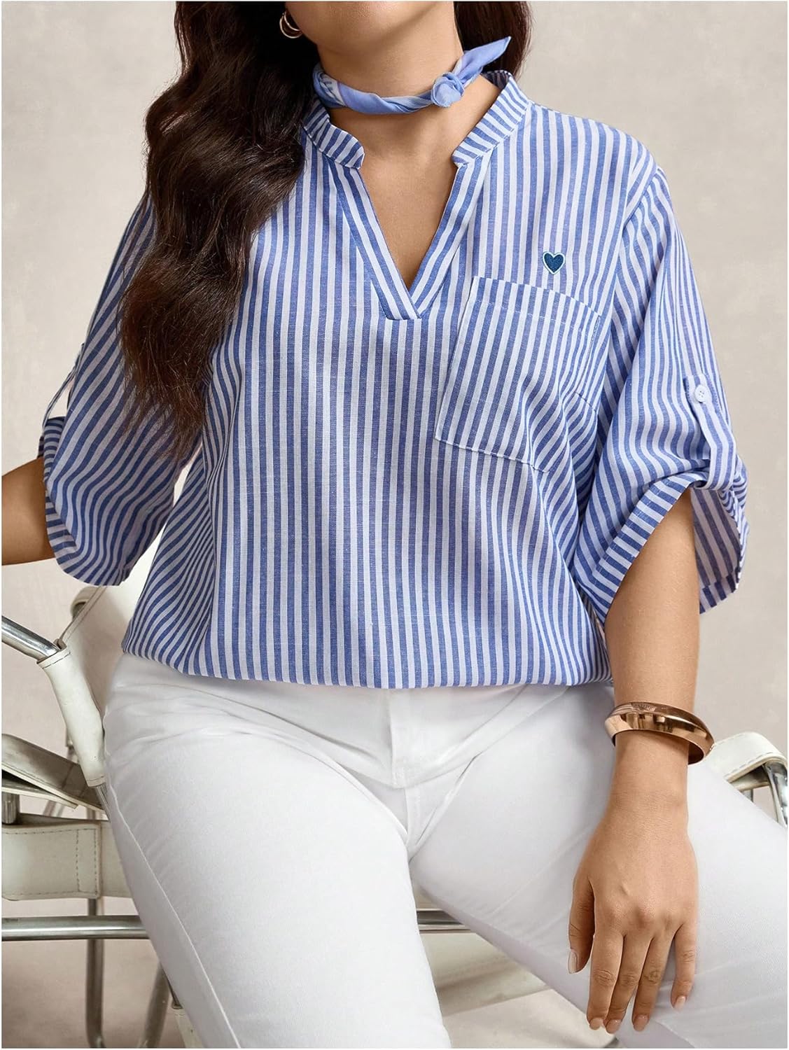 Floerns Women's Plus Size Striped Blouse Embroidery Notch Neck Half Sleeve Dressy Shirts - Image 2