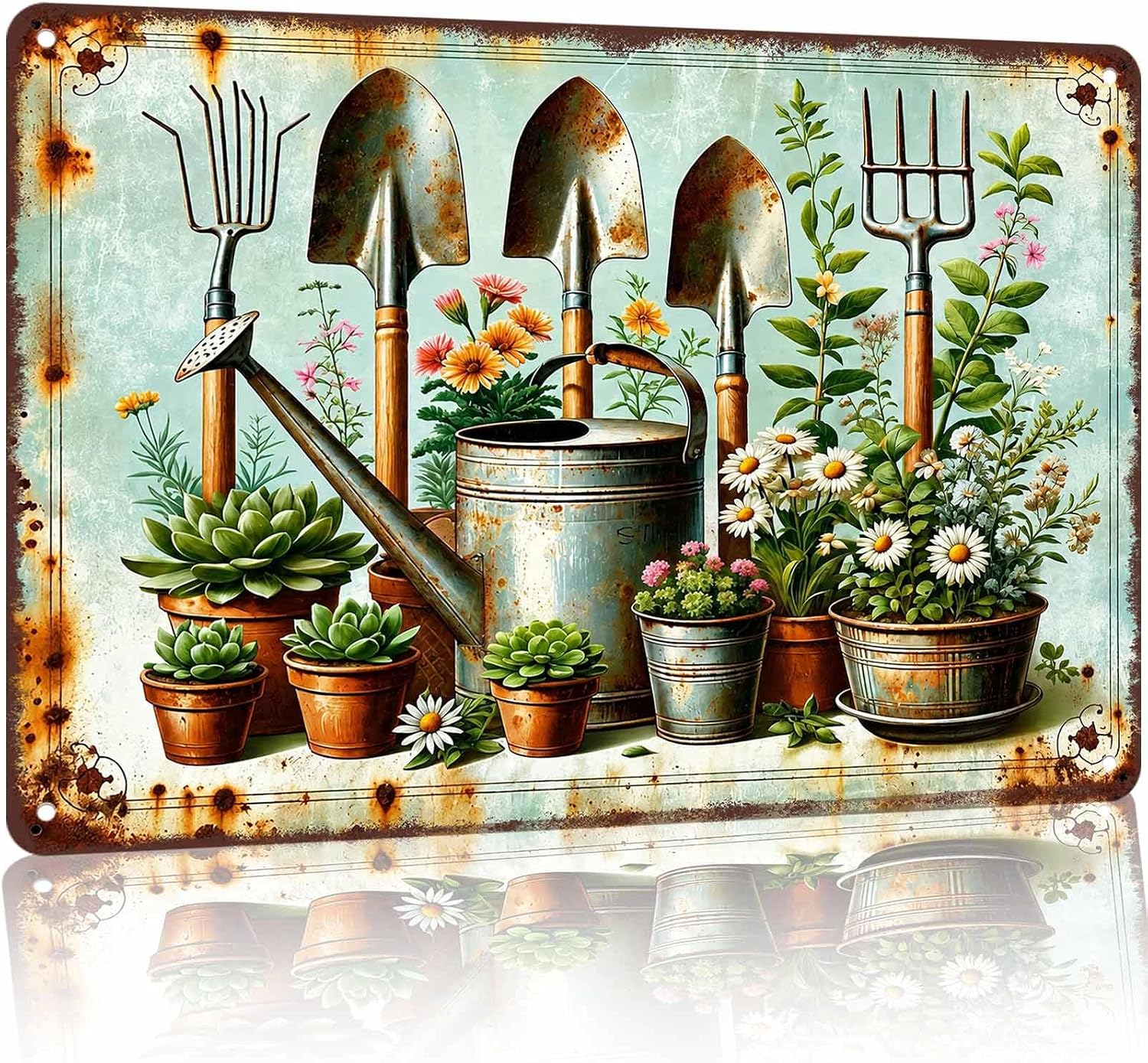 Rusted Vintage Garden Tools and Flowers 8 x 12 Inch Aluminum Wall Decor