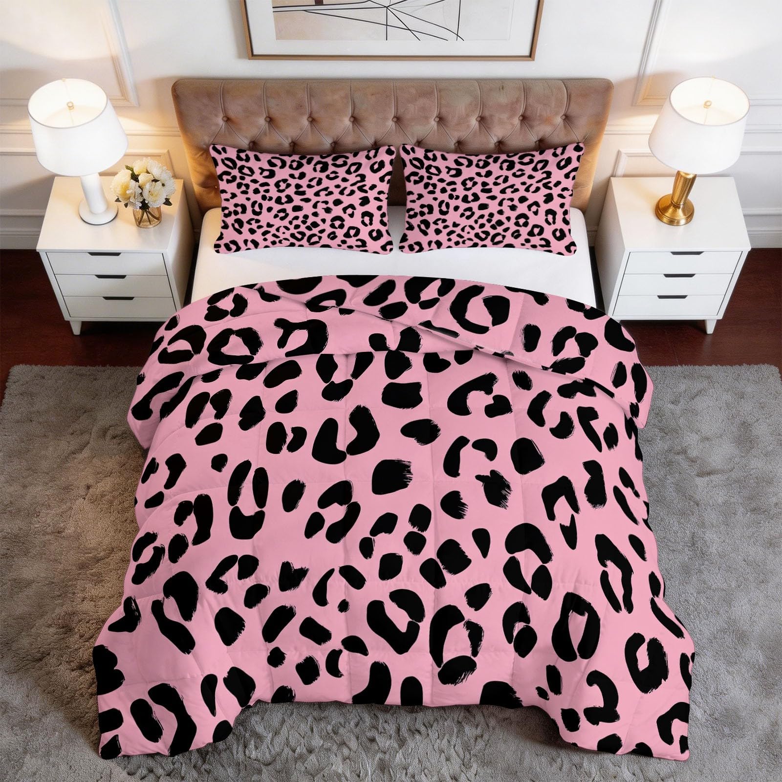 Generico Trapunta Stampa 140 x 200 cm Semplice Fantasia Leopardata Completo copripiumino Matrimoniale/Singolo in Microfibra Morbida – Traspirante, Anallergica & Lavabile – Trapuntatura a Rombi, Rosa