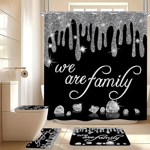 Juego de 4 cortinas de ducha familiares de diamantes con purpurina, cortina de ducha negra con tapa de inodoro y alfombras, cortinas de ducha