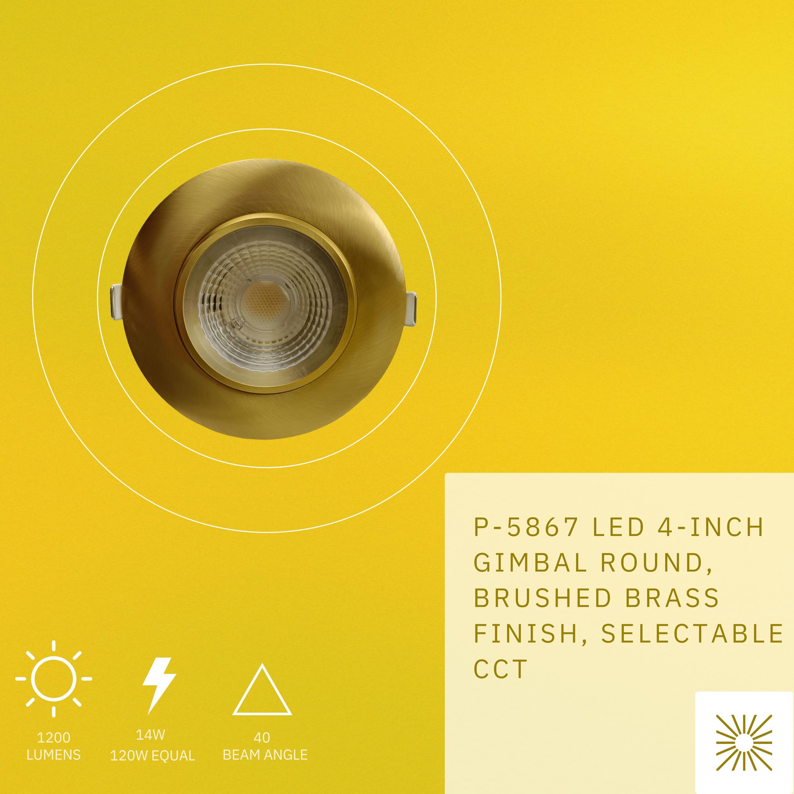 Perlglow 4 inch Gimbal Round Downlight Luminaire, Brushed Brass Finish, LED Recessed Light Fixtures Dimmable 14W=120W, 1200 Lumens, CRI 90+, IC Rated, 5CCT Selectable 2700K|3000K|3500K|4100K|5000K