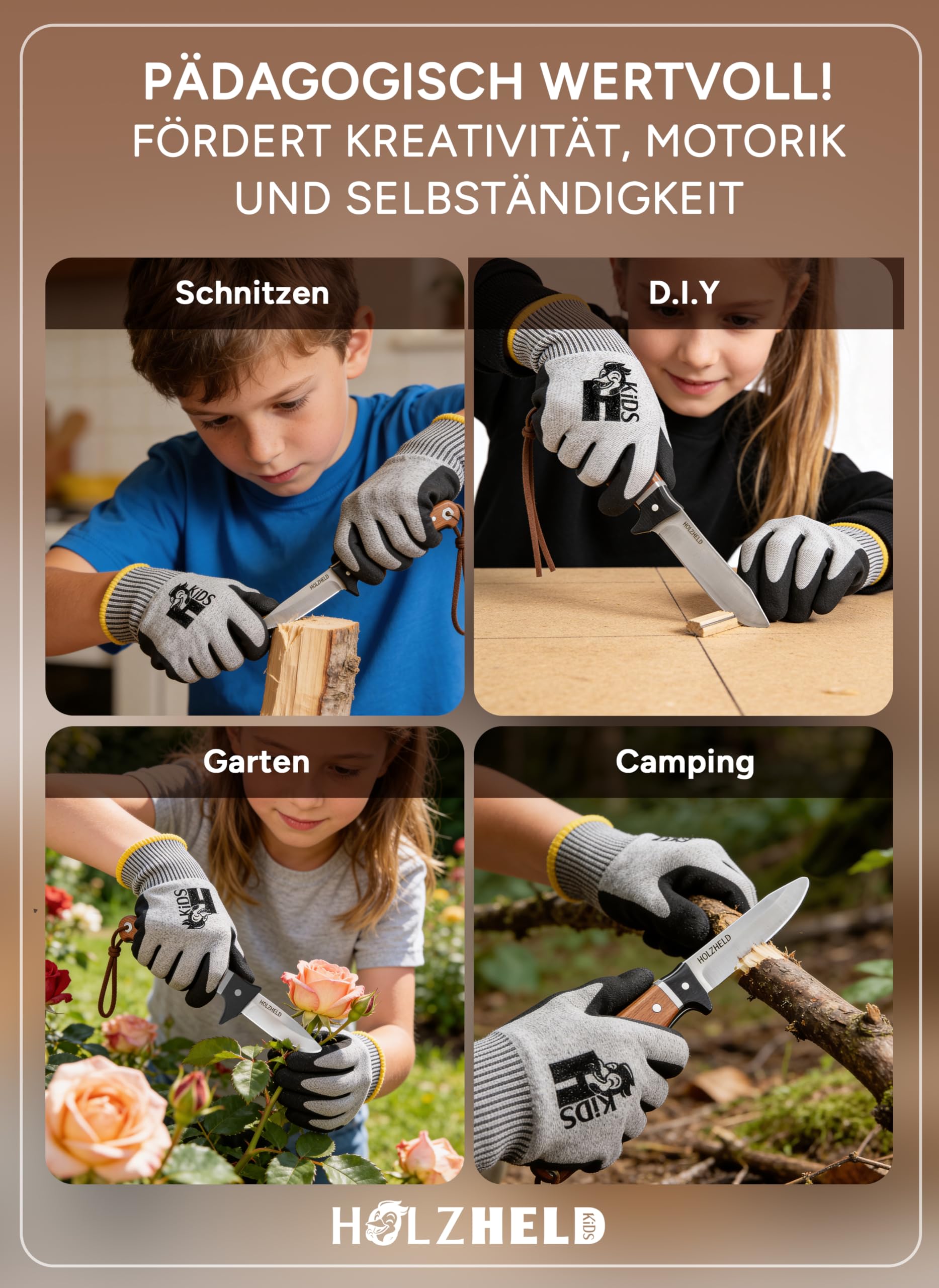 HOLZHELD - Schnitzmesser Kinder mit Gürteltasche inkl. schnittfeste Handschuhe - sicheres Taschenmesser - Schnitzset - Schnitzen Kinder - Kindermesser ab 5, 6, 7, 8, 9, 10 Jahre - Größe 6