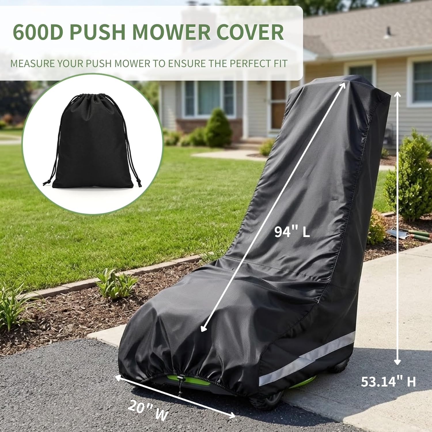 Push Lawn Mower Cover for Outdoor, 94 x 19.5 x 13.5 in Large Lawnmower Cover Heavy Duty 600D Fabric, Waterproof Mower Cover with Storage Bag