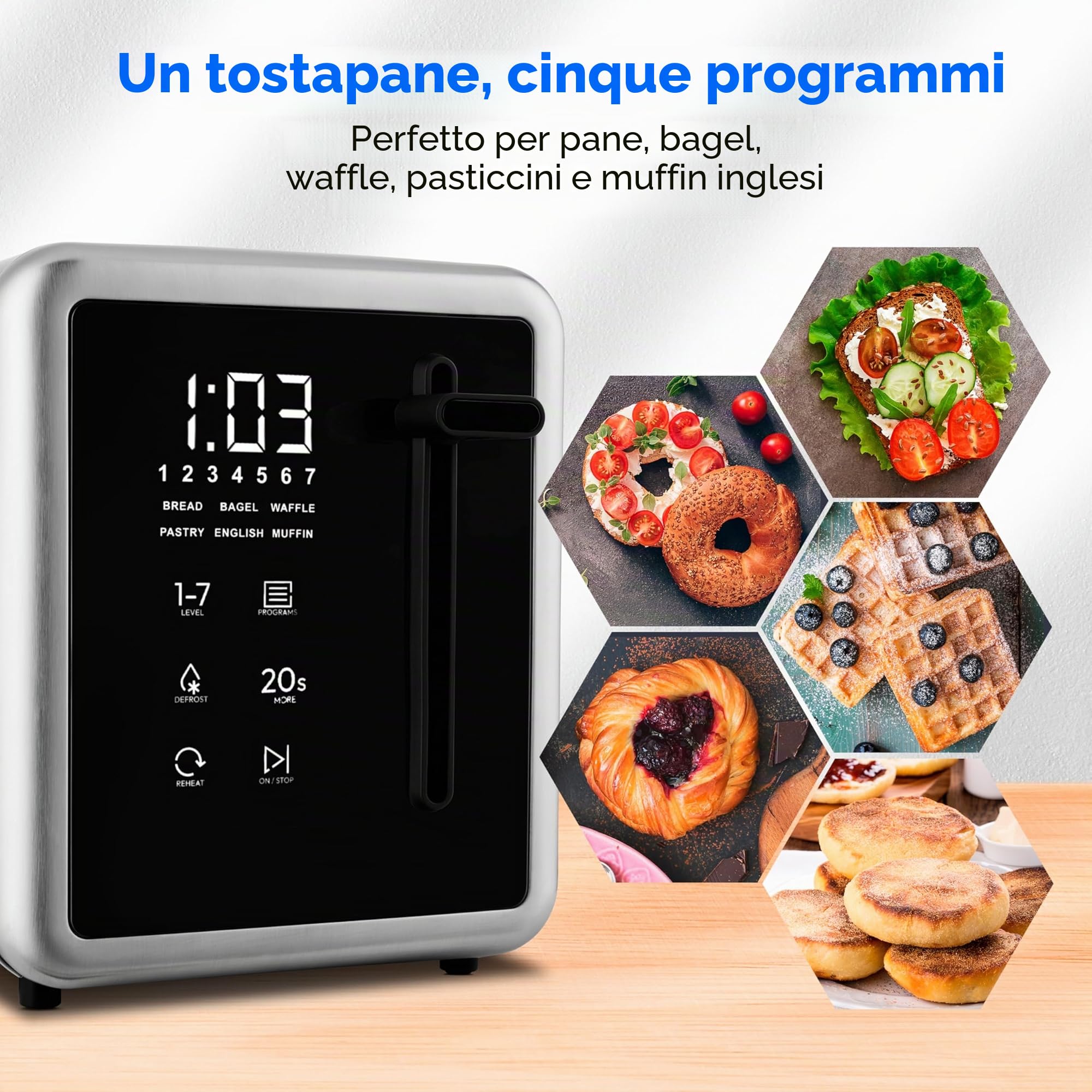 MEDION Tostapane 4 fette con supporto panini (7 livelli, 5 programmi, 1.450 W, 2 fessure lunghe, scongelamento, riscaldamento, cassetto raccoglibriciole, acciaio inox opaco, MD12103) argento
