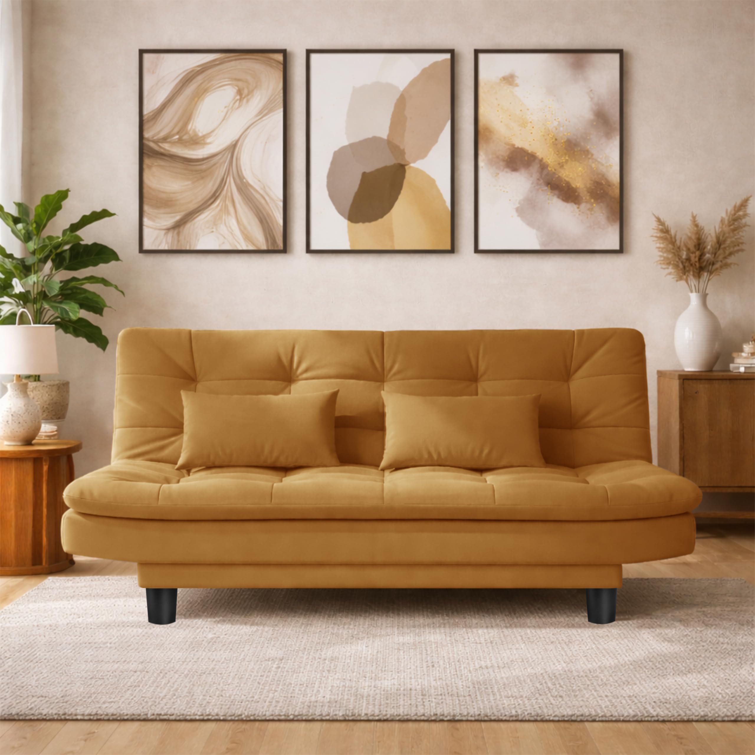 Modern 3 Seater Sofa Cum Bed with Cushions, Foldable Convertible Couch, Velvet Fabric Sleeper Sofa for Living Room, Guest Room, Golden-image-49