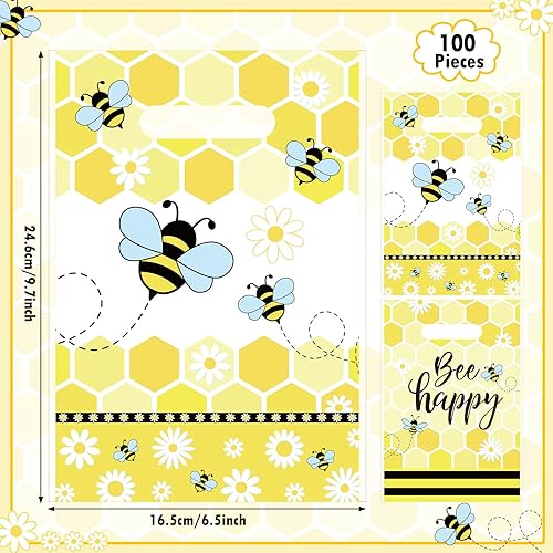 Miniatura 2 de 100 bolsas de regalo para fiesta de abejas, bolsas de regalo de abeja amarilla, con asas, diseño de abejorro de miel, bolsas de plástico para regalo