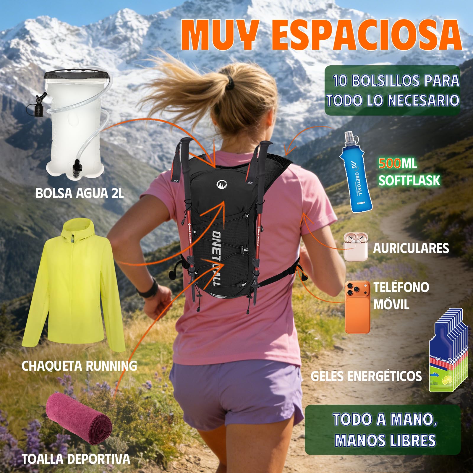 Chaleco Running Hombre Mujer, Running Vest, Ligero Chaleco para Correr, Mochila Hidratacion Trail Bolsilloso con Bolsa Agua 2L o Botella 500ml, Silbato y Reflectante para Ciclismo Senderismo