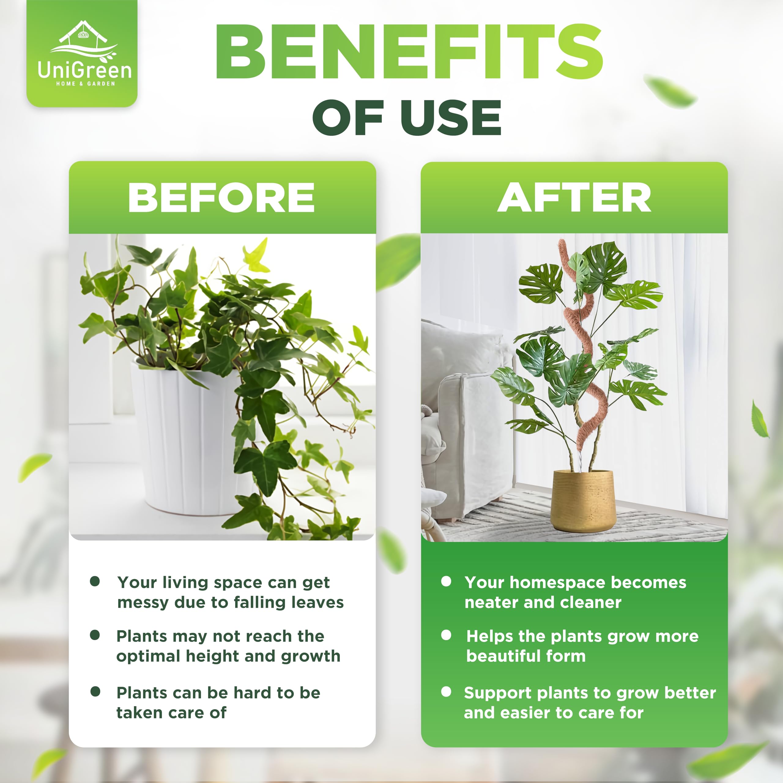 UNIGREEN - Paquete de 2 Postes de Musgo Flexibles 47 Pulgadas, Soporte para Plantas Monstera, Poste de Musgo para Plantas trepadoras, Soporte para Plantas de Interior/Exterior en