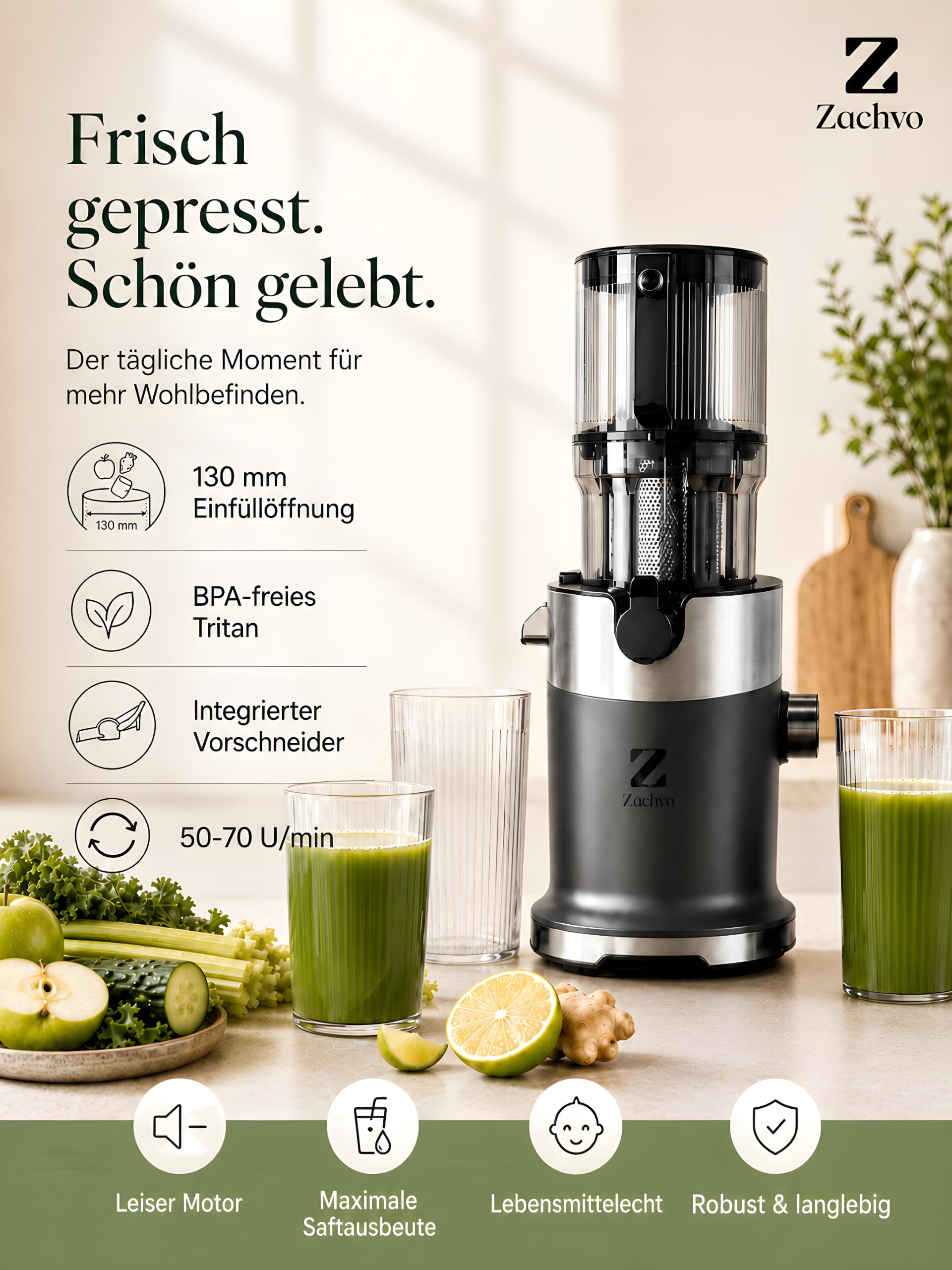 Entsafter Gemüse und Obst Testsieger, Slow Juicer, 130 mm | Hochwertiges BPA-freies Tritan, großer 1,5-L-Einfüllbehälter, hohe Saftausbeute und mühelose Reinigung