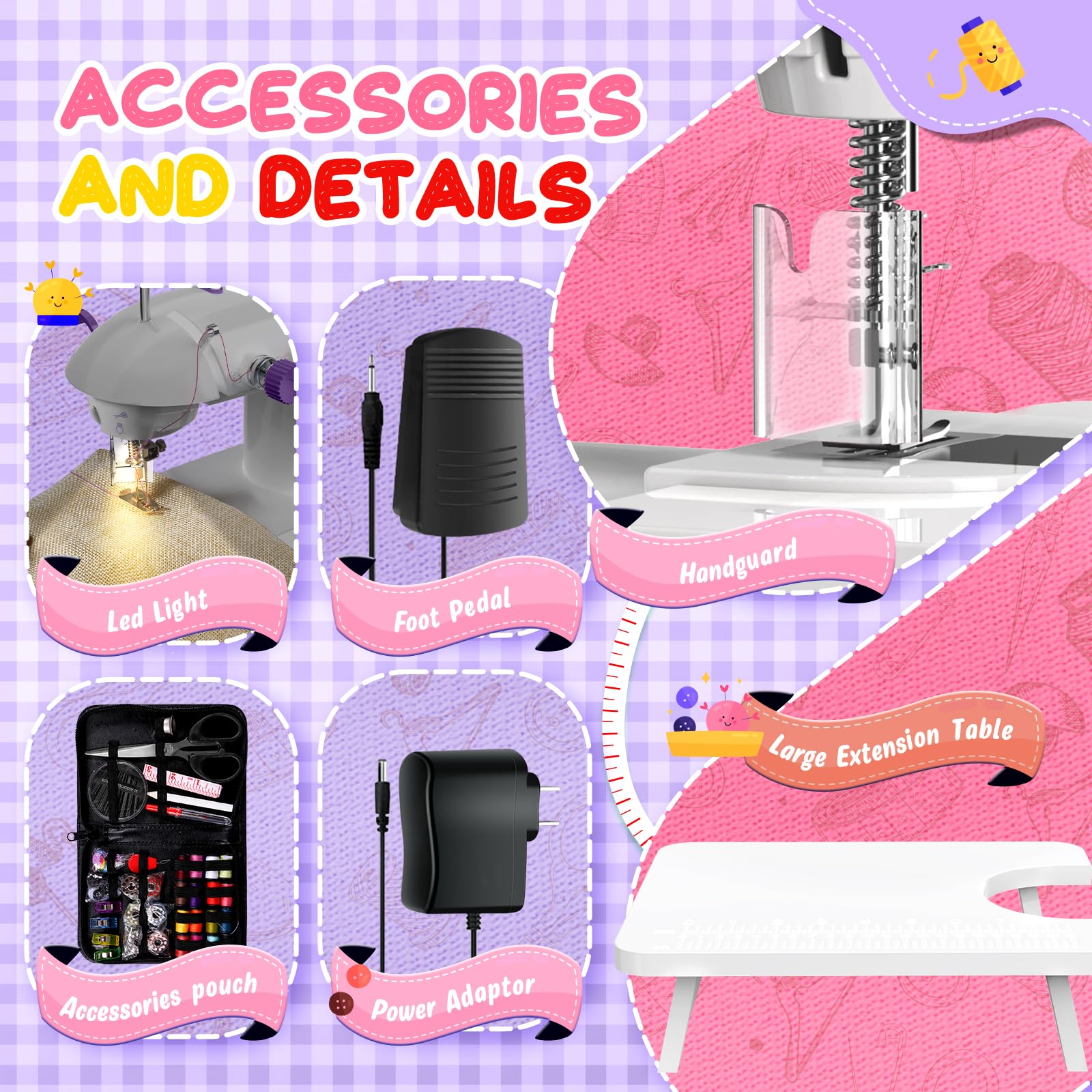 Mini máquina de coser con kit de costura de 118 piezas para principiantes, máquina de coser portátil de doble velocidad con luz y protector de dedos (morado)