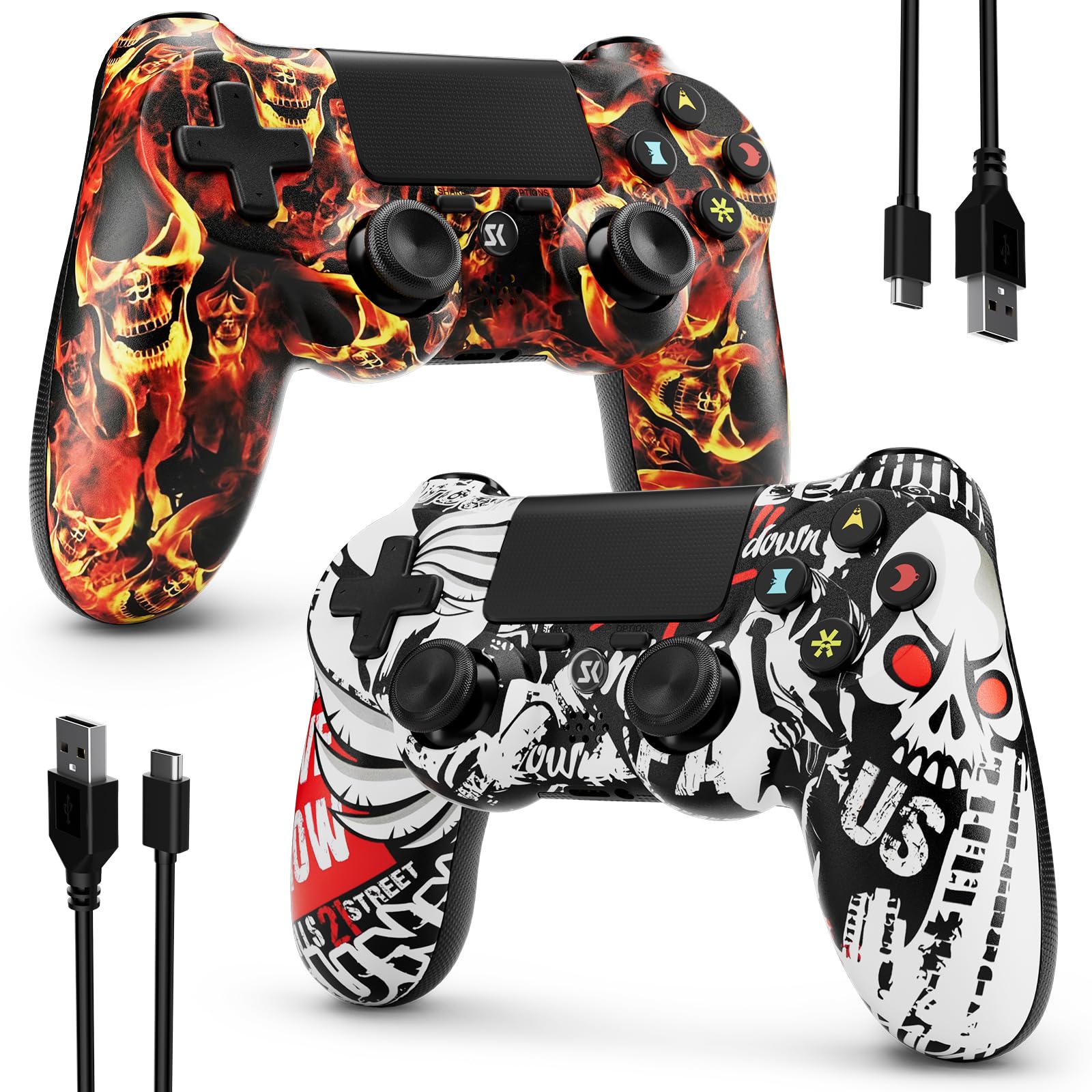 ISHAKO Lot de 2 Manettes Sans Fil pour PS4/Pro/Slim, Manette de Jeu à Motif Crâne Flammes Graffiti avec Haut-Parleur Intégré, Prise Jack 3,5mm, Capteur de Mouvement 6 Axes, Double Vibration