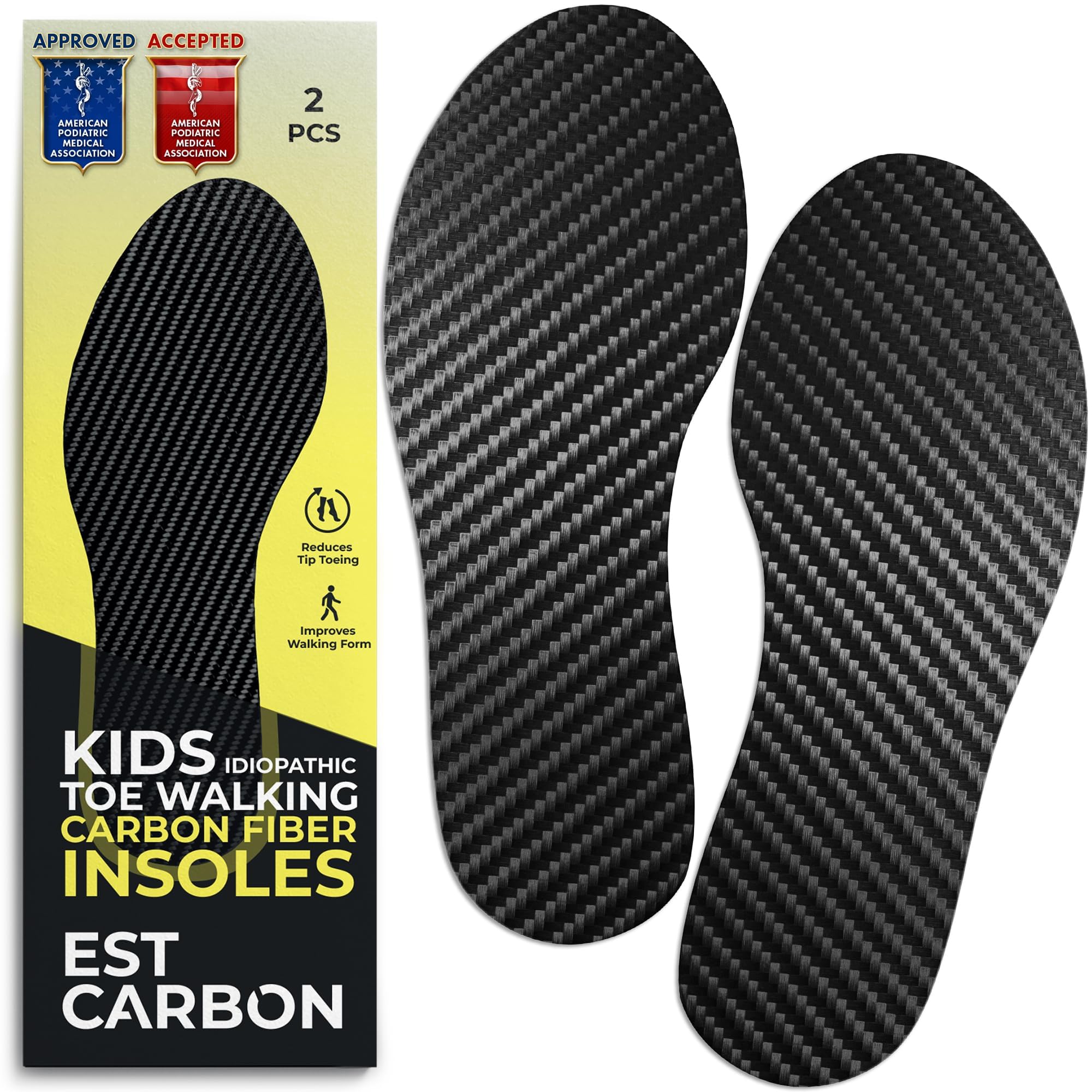 EstCarbon - Kids Carbon Fiber Insoles - Little Kid Size 13, 2 Pieces - Orthotic Shoe Inserts - Tip Toe Walking Correction - Sports Footplate for Soccer Cleats, Sneakers, Shoes