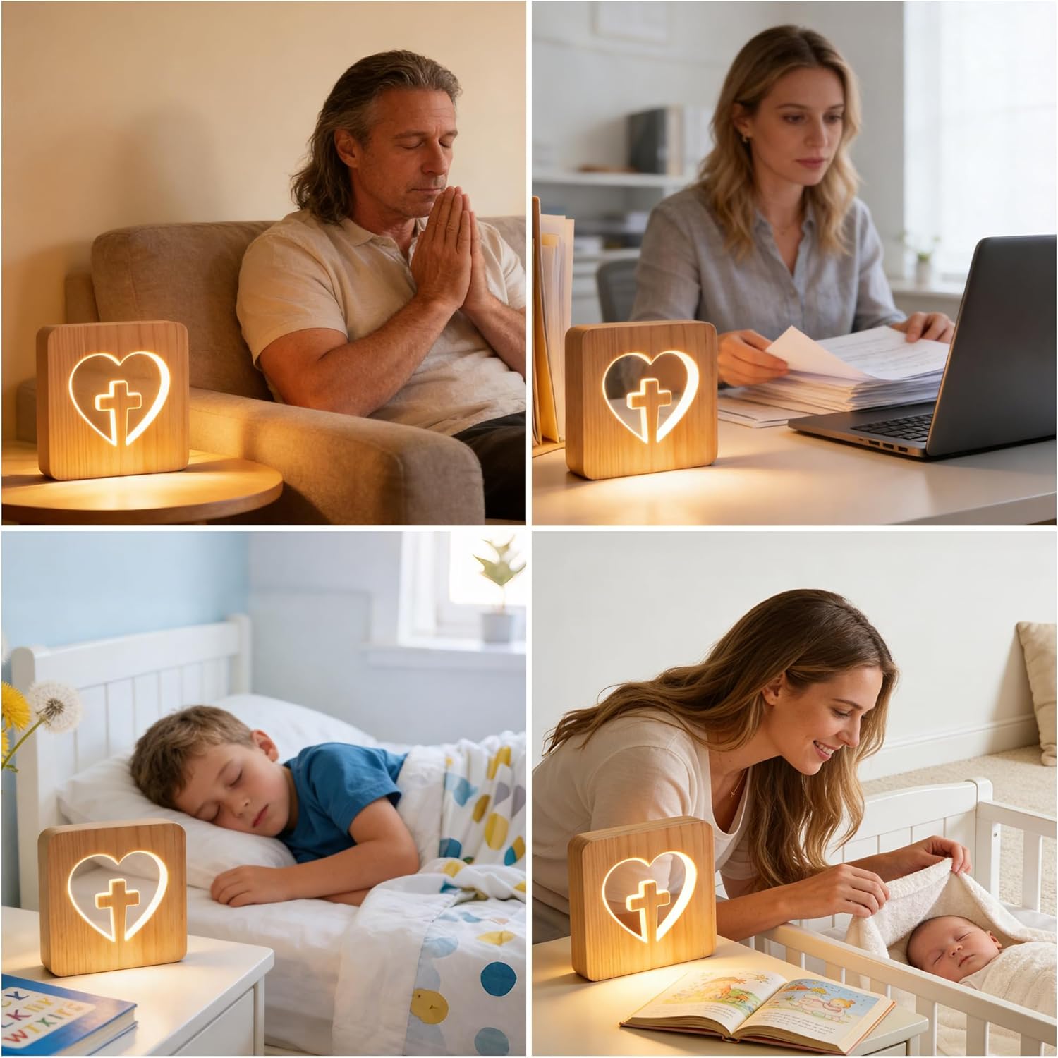 WLHONG Easter Decor Cross Night Light, Jesus 3D Wood Bedside Lamp, Heart Shaped LED Small Lights, Christian Gifts for Women, Unique Home Pray Room Decor Creative Lighting
