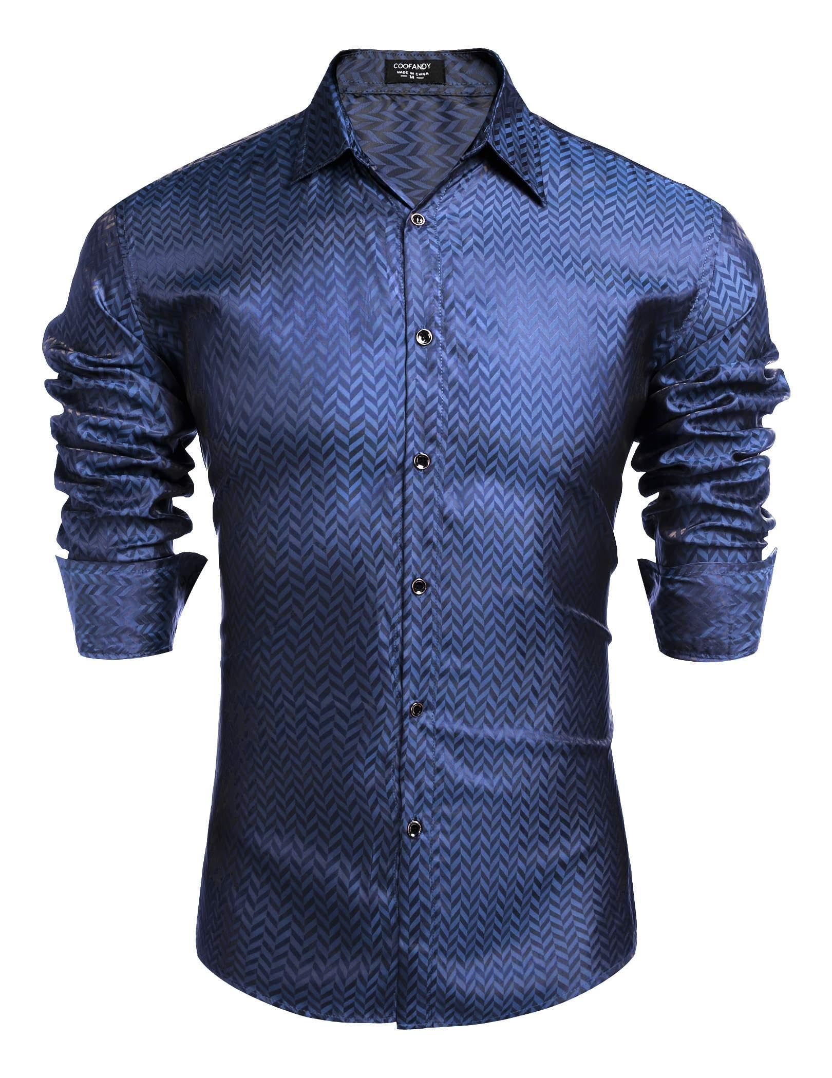 COOFANDY Mens Navy Blue Dress Shirt Slim Fit Long Sleeve Button Down Shirts for Men Disco Shirt, Navy Blue, Large