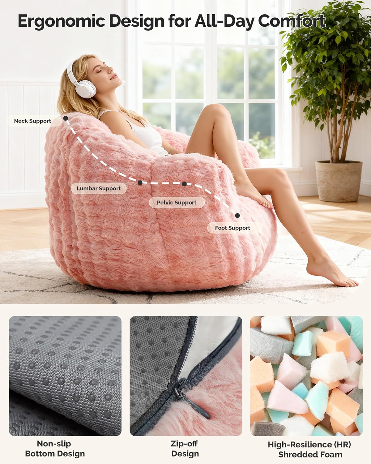 KINGYES Bean Bag Chair, Giant Bean Bag Couch with Memory Foam Filled, Gaming Beanbag Chair for Adults, Bean Bag for Kids & Teen, Pink - Image 4