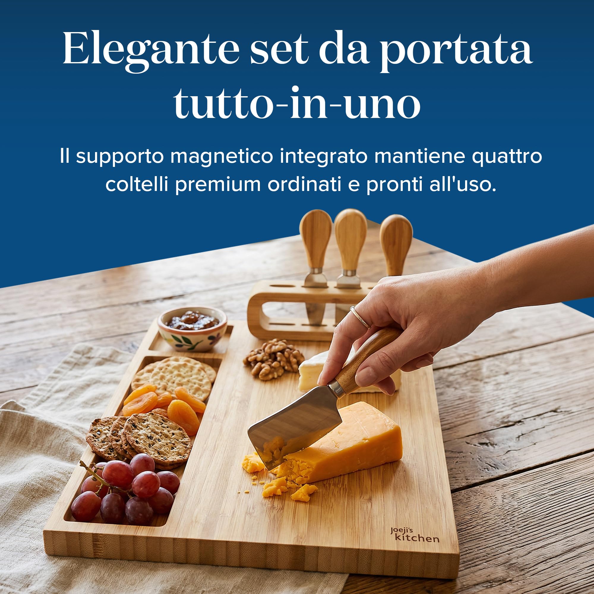 joeji's Kitchen Tagliere per Formaggi Aperitivo in Legno di Bambù - Set formaggio e coltelli con Quattro Utensili - Regali di Natale, regali di inaugurazione della casa, regali di anniversario