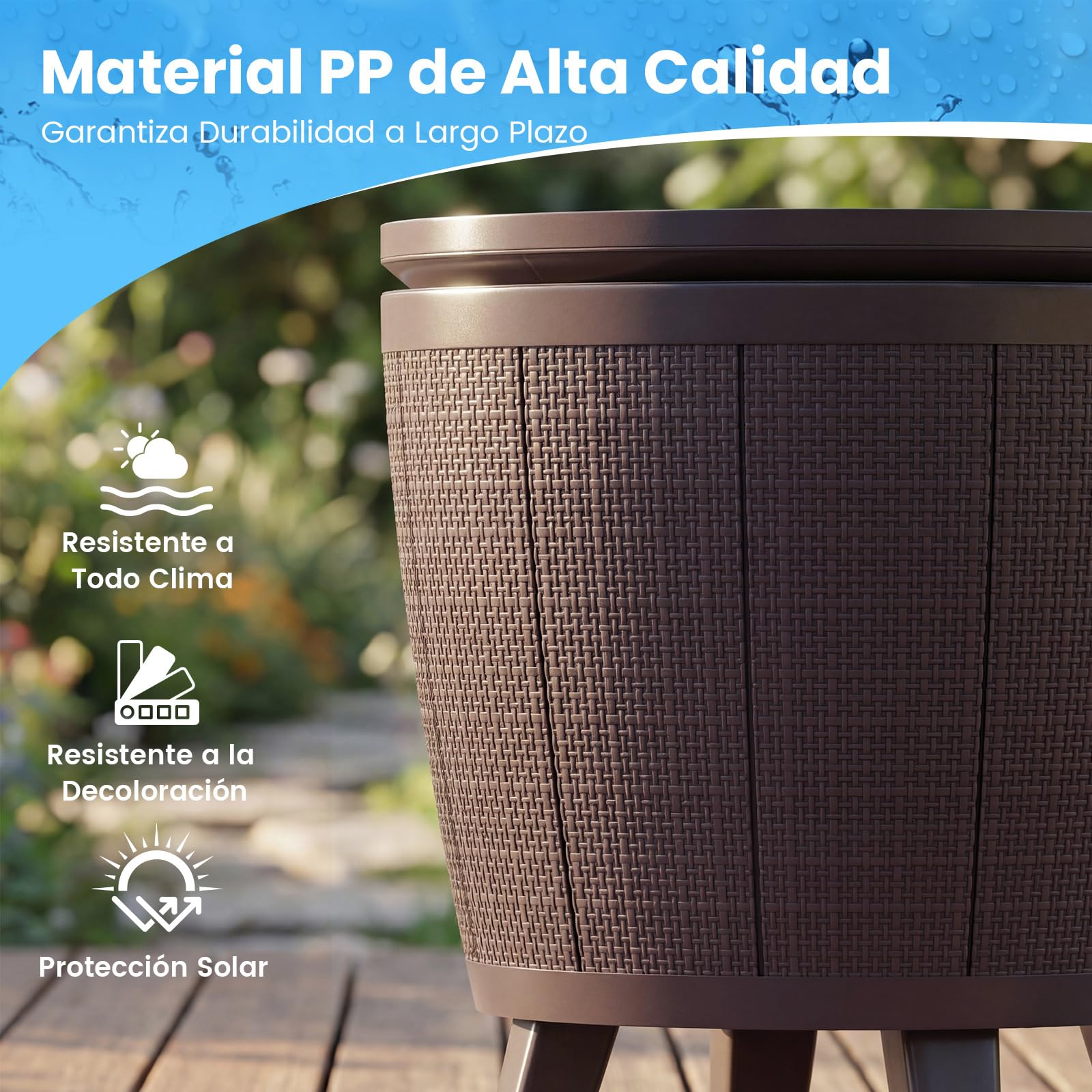 COSTWAY 2 en 1 Mesa Nevera para Jardín, 30 L, Cool Bar para Cerveza y Vino con Tapa Elevable y Tapón de Drenaje, Mesa Auxiliar, Mobiliario Patio, Mesa Cóctel para Piscina, Terraza y Camping (Marrón)