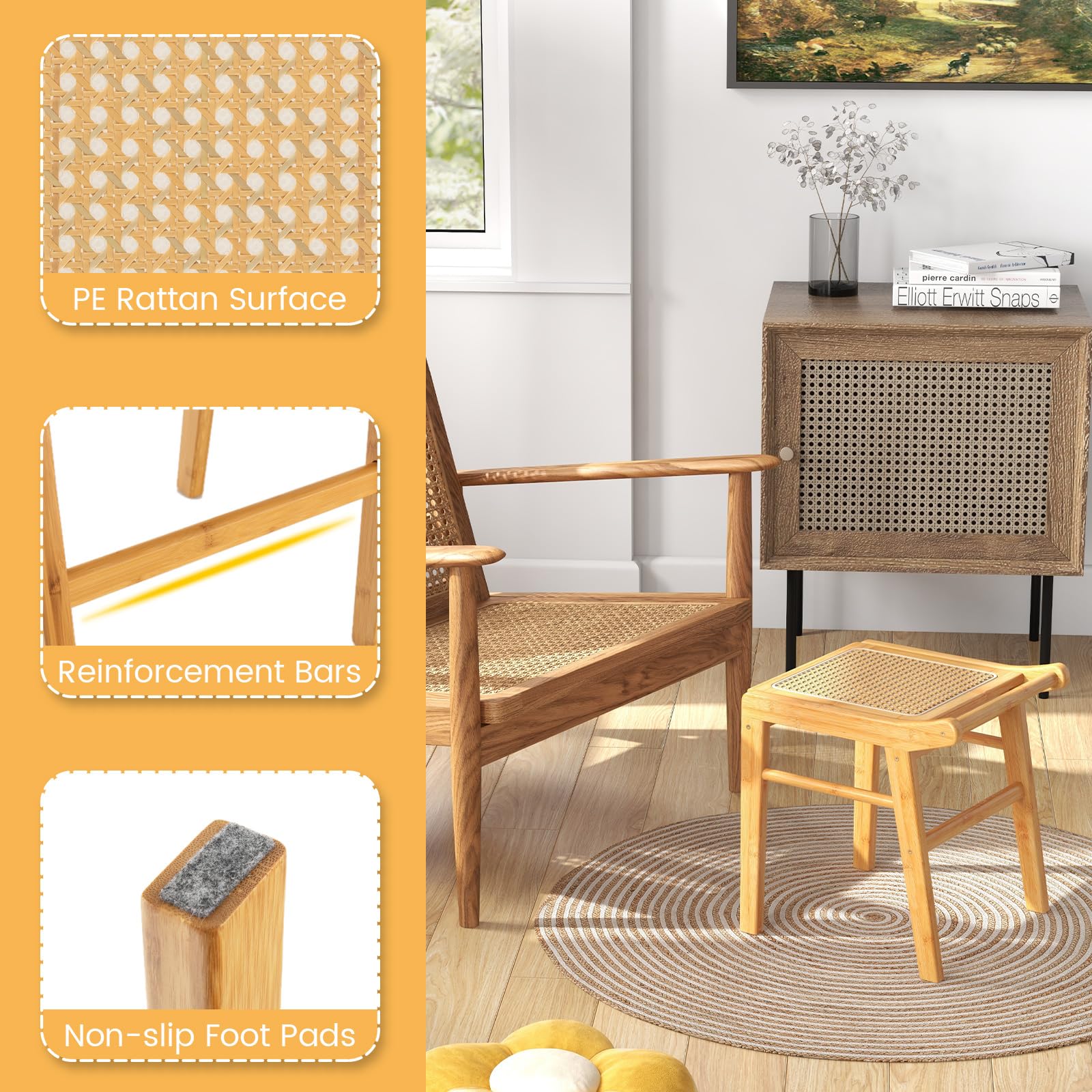 RELAX4LIFE Sitzhocker, Hocker aus Bambus, Schminkhocker mit Rattan-Oberfläche & rutschfeste Füßen, Sitzbank für Eingangsbereich Wohnzimmer Schlafzimmer, 40 x 38 x 43 cm, Natur