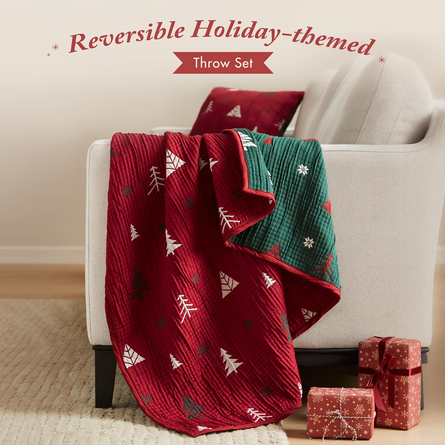 Madison Park Christmas Throw and Decorative Pillow Set, Festive Reversible Jacquard, All Seasonal Lightweight 2-Piece Bedding, 50" W x 70" L, Red/Green - Image 3