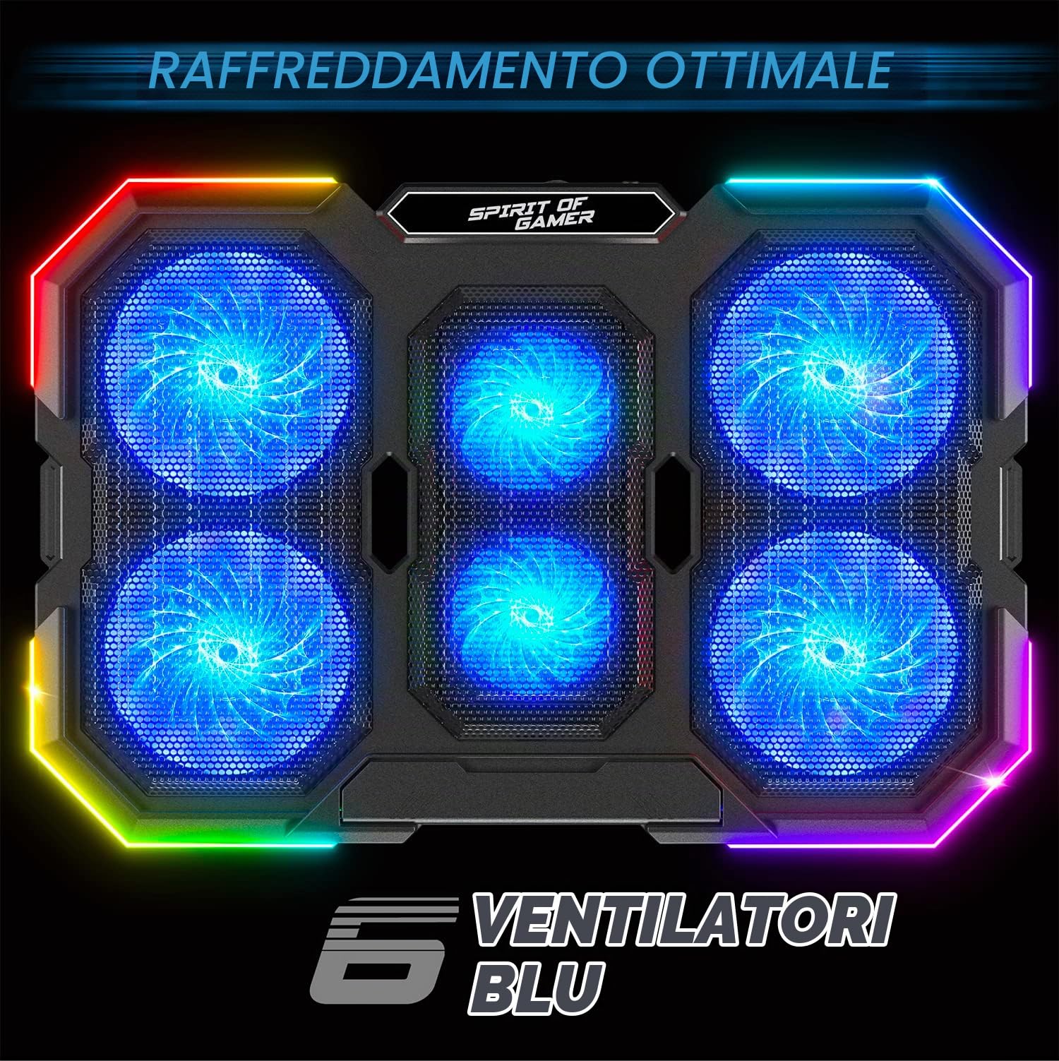 SPIRIT OF GAMER, Raffreddamento PC Portatile da 10" a 17", 6 Ventole Silenziose, Compatibile PS5, PS4, Xbox e PC, Supporto per Laptop Ventilato, Base di Raffreddamento PC Portatile Retroilluminata RGB