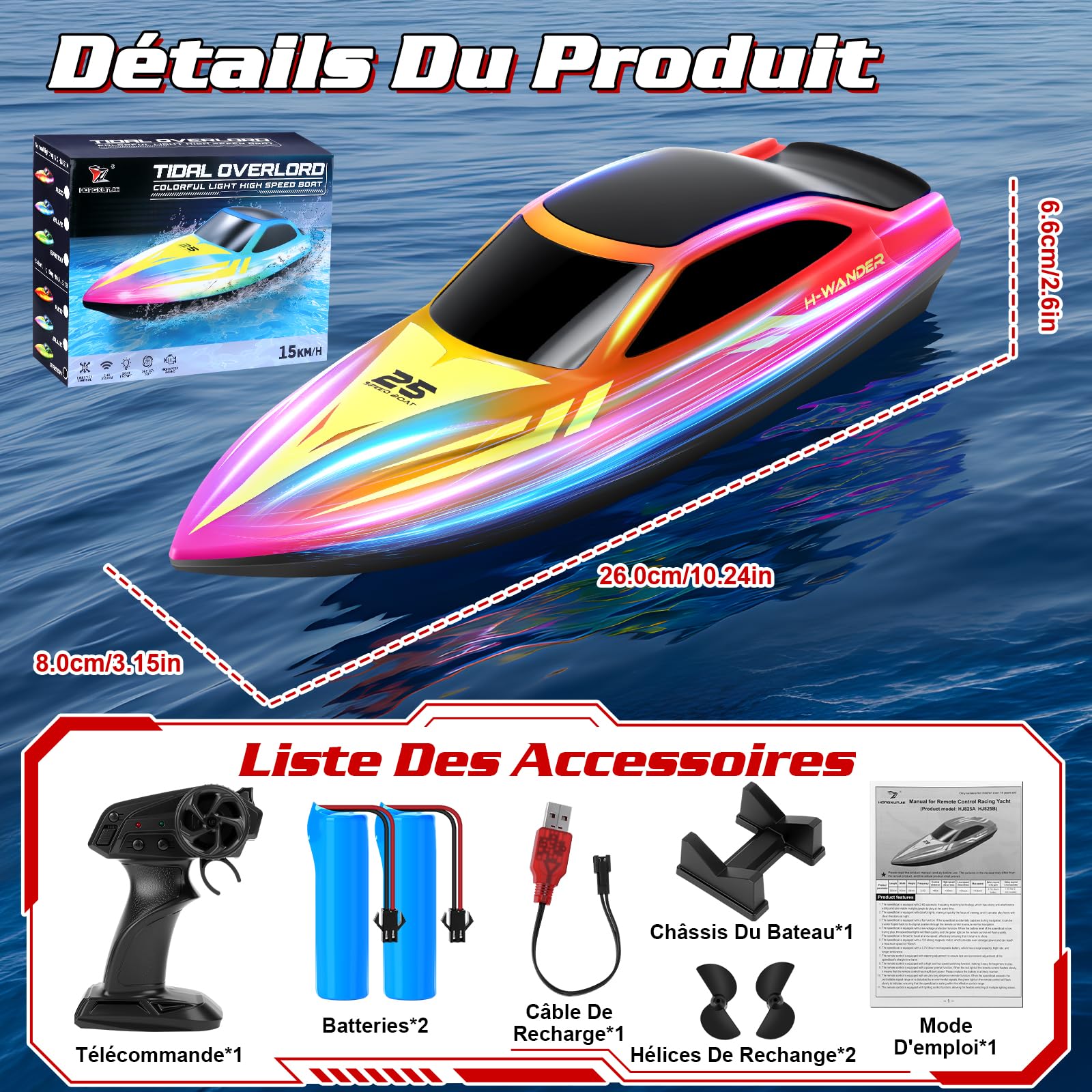 FORMIZON Bateau Télécommandé, 15km/h Bateau RC avec 7 Modes Lumières LED, 2.4GHZ Bateau Telecommandé Enfant pour Piscine et Lacs, Speedboat De Course RC autonomie 120 Minutes (Rouge)