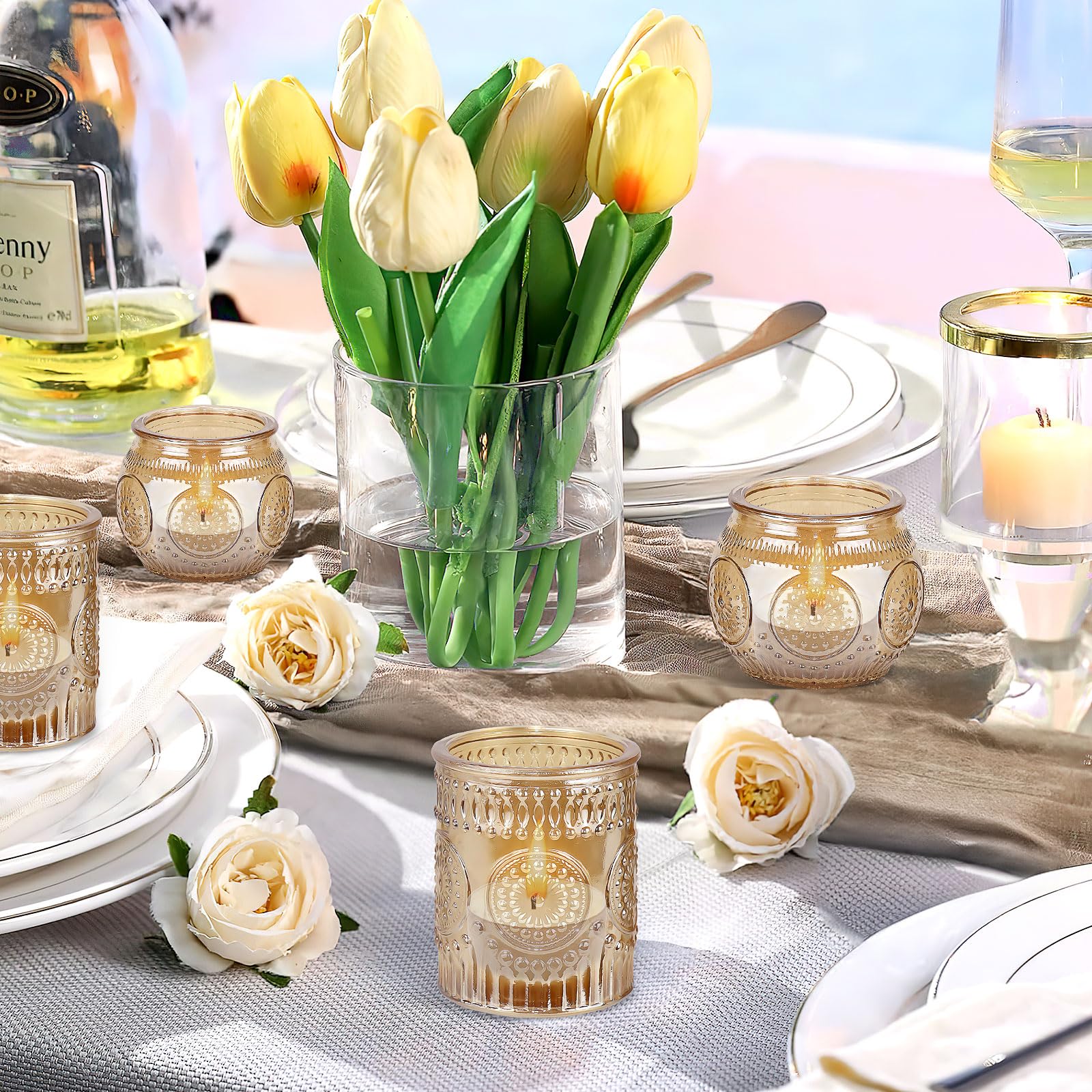 36er Teelichthalter Glas Gold, Vintage Kerzengläser für Hochzeit & Deko | Vintage Windlichter mit geprägtem Muster sorgen für warmes Licht bei Jubiläen, Geburtstagen, Feiern und festlichen Anlässen