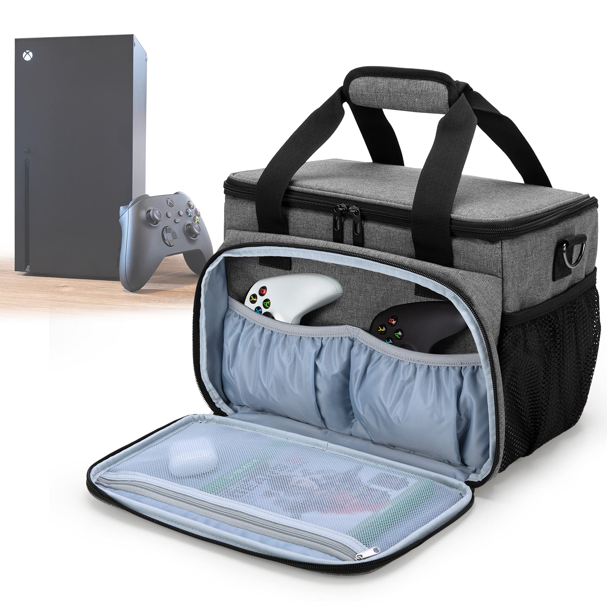 CURMIO Tragetasche für Xbox Series X Spielkonsole und Zubehör, Reisetasche für Controller, Kabel, Headsets, Tragebare Aufbewahrungstasche für Playstation Konsole, (OHNE ZUBEHÖR ENTHALTEN), Grau