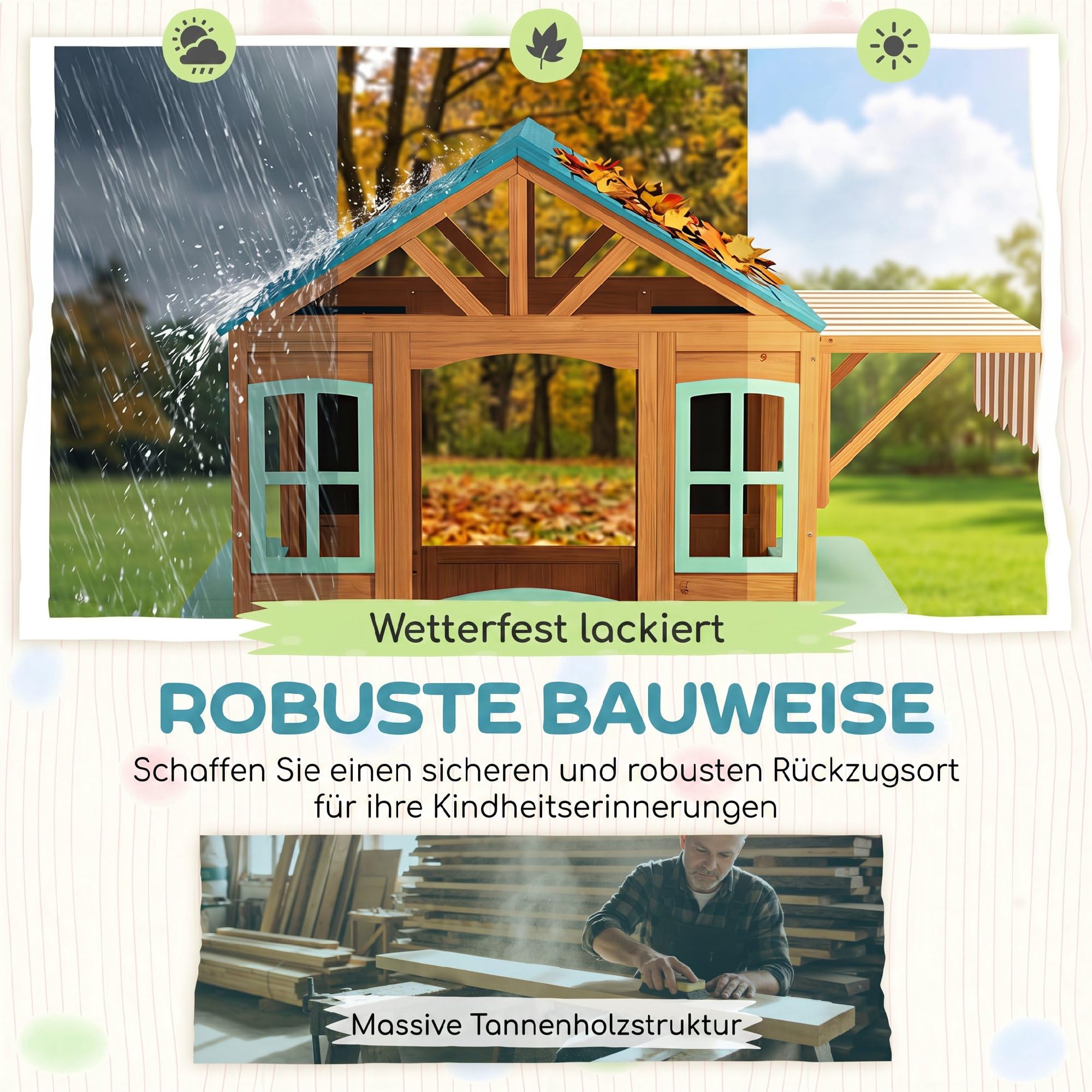 AIYAPLAY Kinderspielhaus aus Holz Spielhaus Outdoor mit Verkaufstheke Pflanzenkasten Kreidetafel Zieltuch 4 Ball Fenster Tür Gartenhaus für Kinder 142 x 120 x 141,5 cm Mehrfarbig