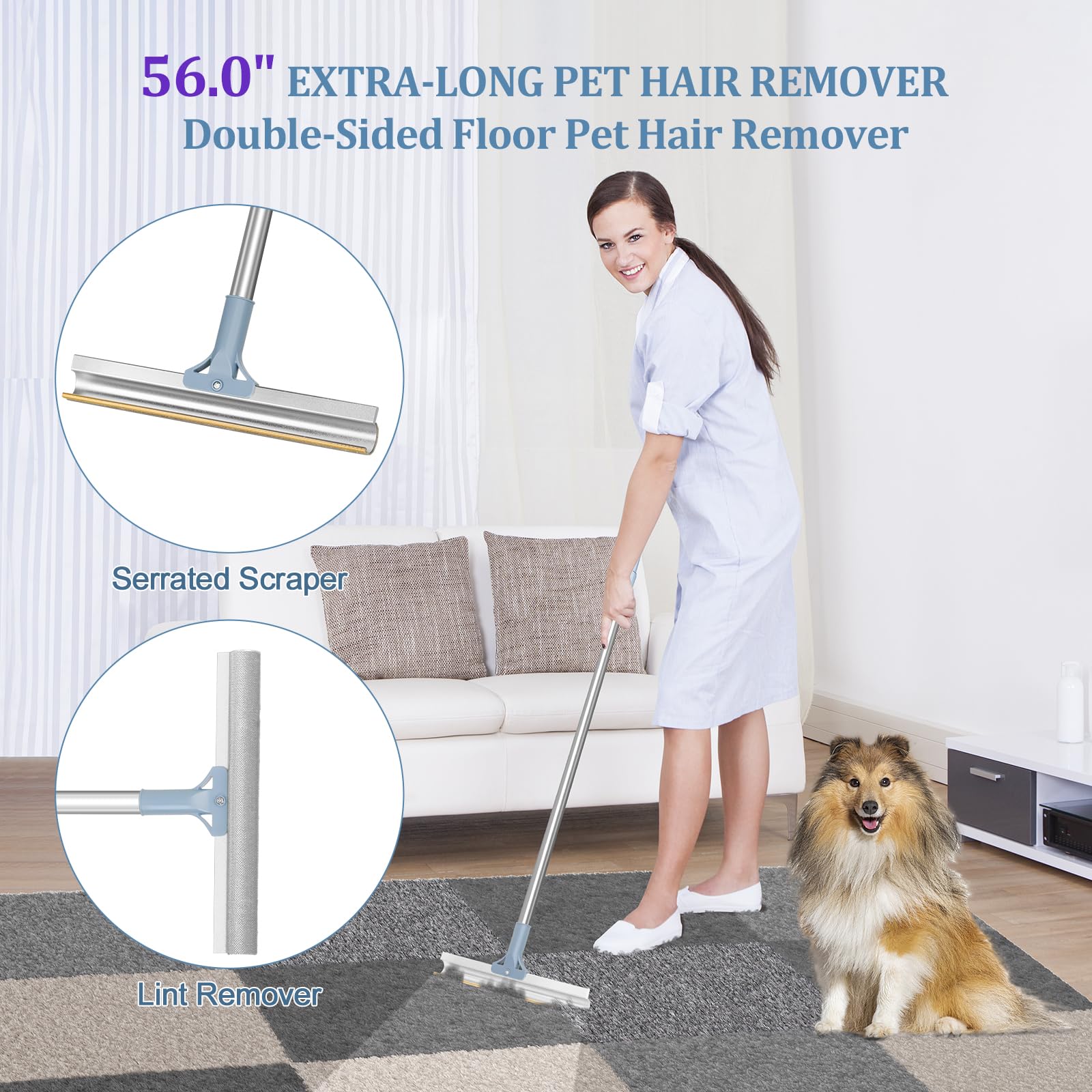 Lot de 4 outils d'épilation pour animaux de compagnie, râteau pour épilation des poils de chiens et chats, anti-peluches à long manche réglable, brosse pour tapis, canapé, meubles, gris clair