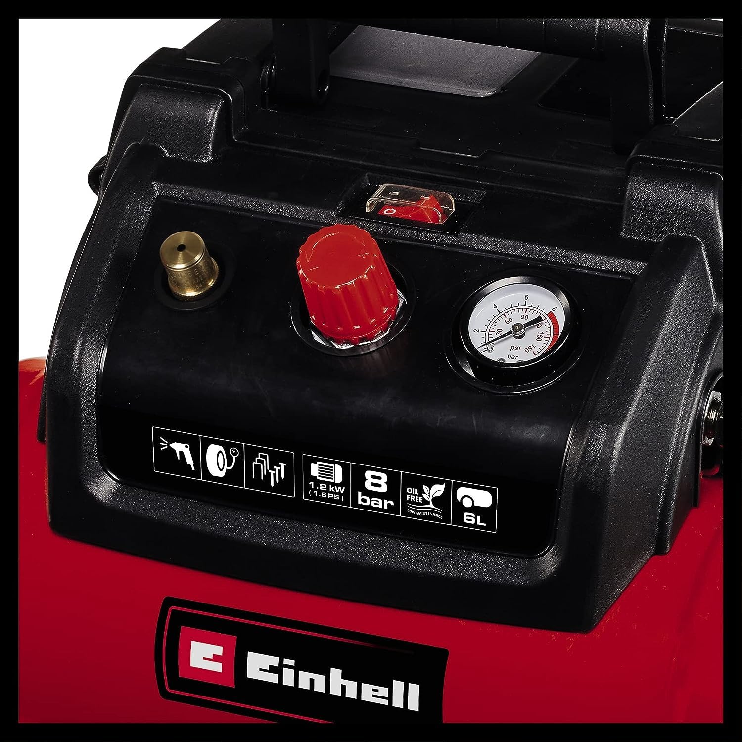 Einhell Kompressor TC-AC 190/6/8 (1,2 kW, max. 8 bar, 190 L/min Ansaugleistung, 6 Liter Tank, ölfreie Pumpe, Manometer, Schnellkupplung)