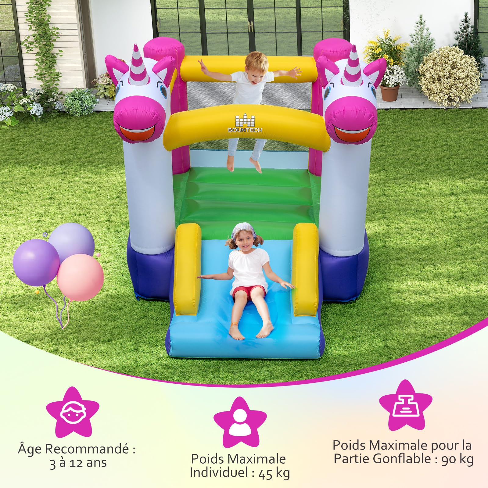COSTWAY Château Gonflable sur Thème Licorne avec Toboggan et Maison de Saut, Aire de Jeux Gonflable en Tissu Oxford avec Sac de Transport, Intérieur Extérieur jusqu'à 2 Enfants de 3-12 Ans