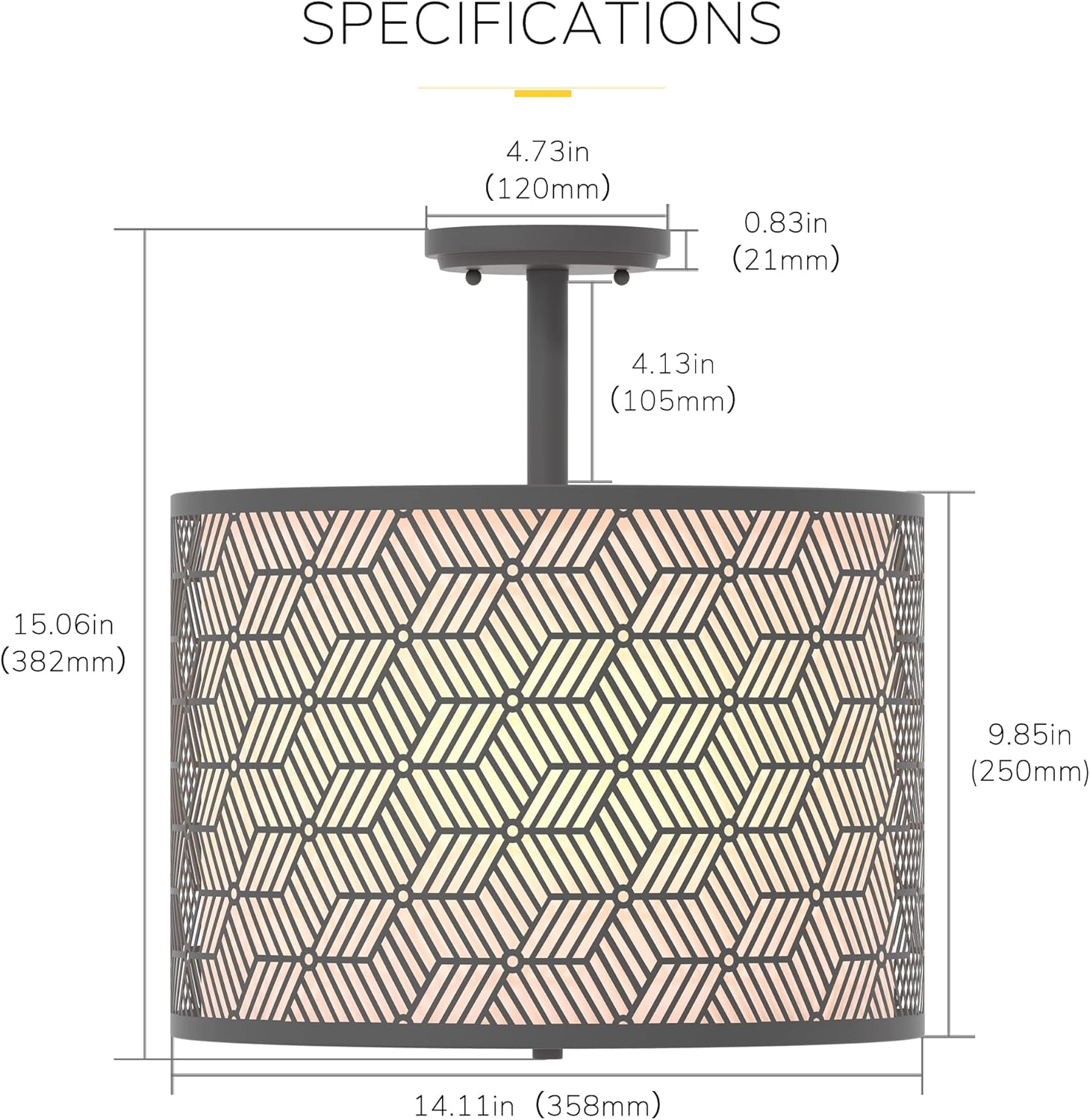 Inlight 14" Wide 3-Light Modern Drum Semi Flush Mount Ceiling Light with Black Metal Frame and White Fabric Shade, Bulb Not Included, IN-0347-3-BK