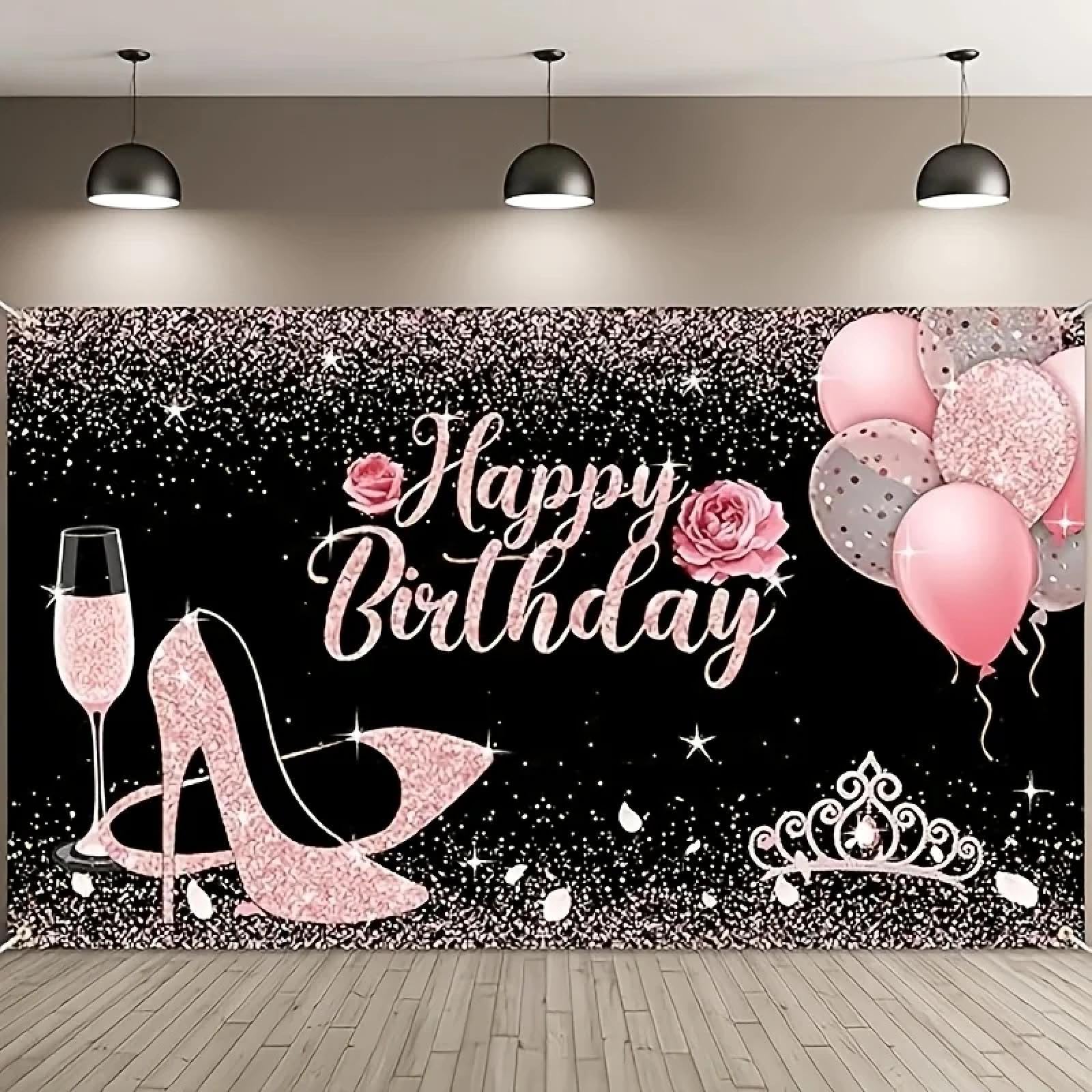 Błyszczący różowy Happy Birthday Background Fabric - Balloon Heels Party Banner i kieliszek do wina