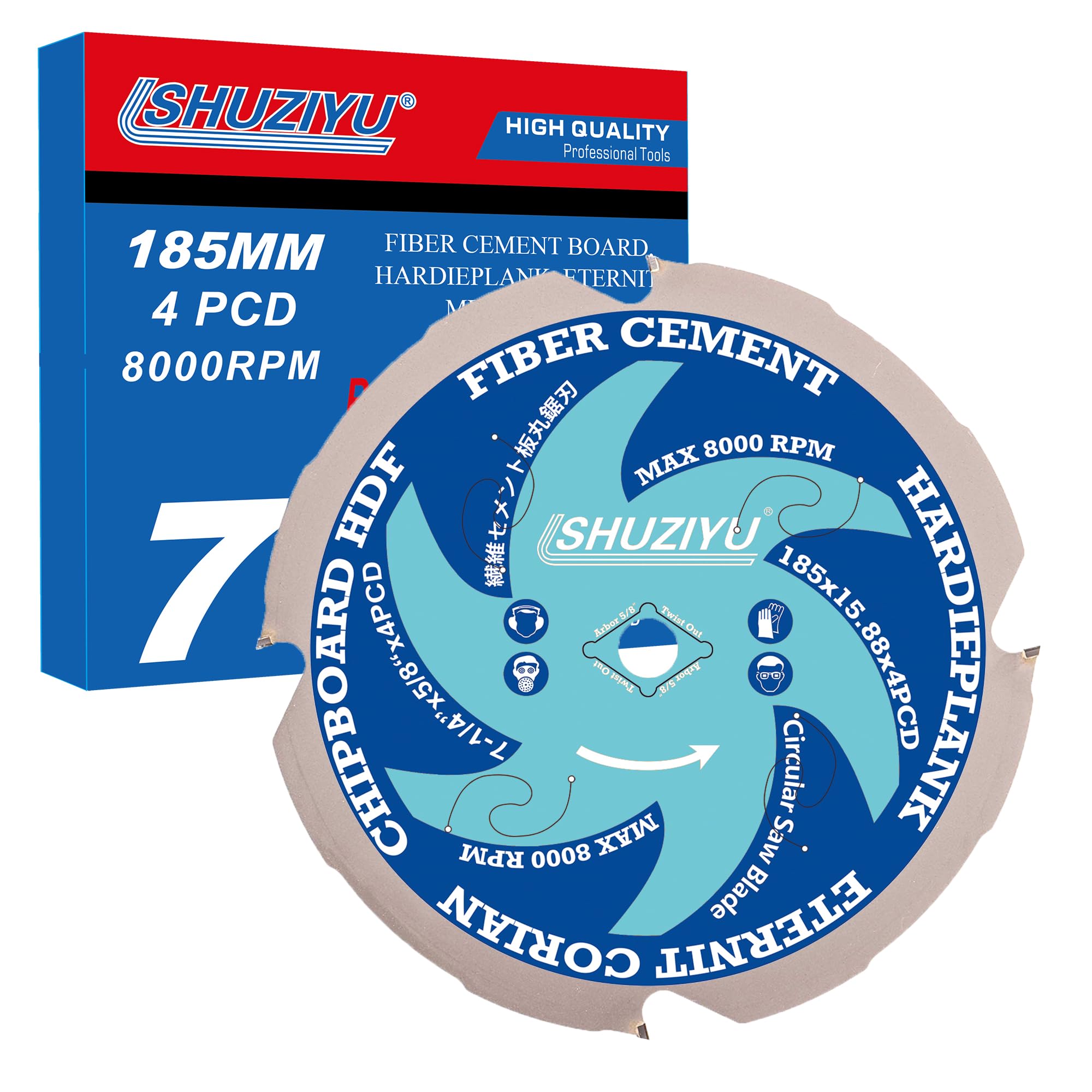 LSHUZIYU 7-1/4"(185mm)-4PCD, Arbor 5/8", Polycrystalline Diamond Tipped 4 PCD, Hardie Blade, Fiber Cement Circular Saw Blade