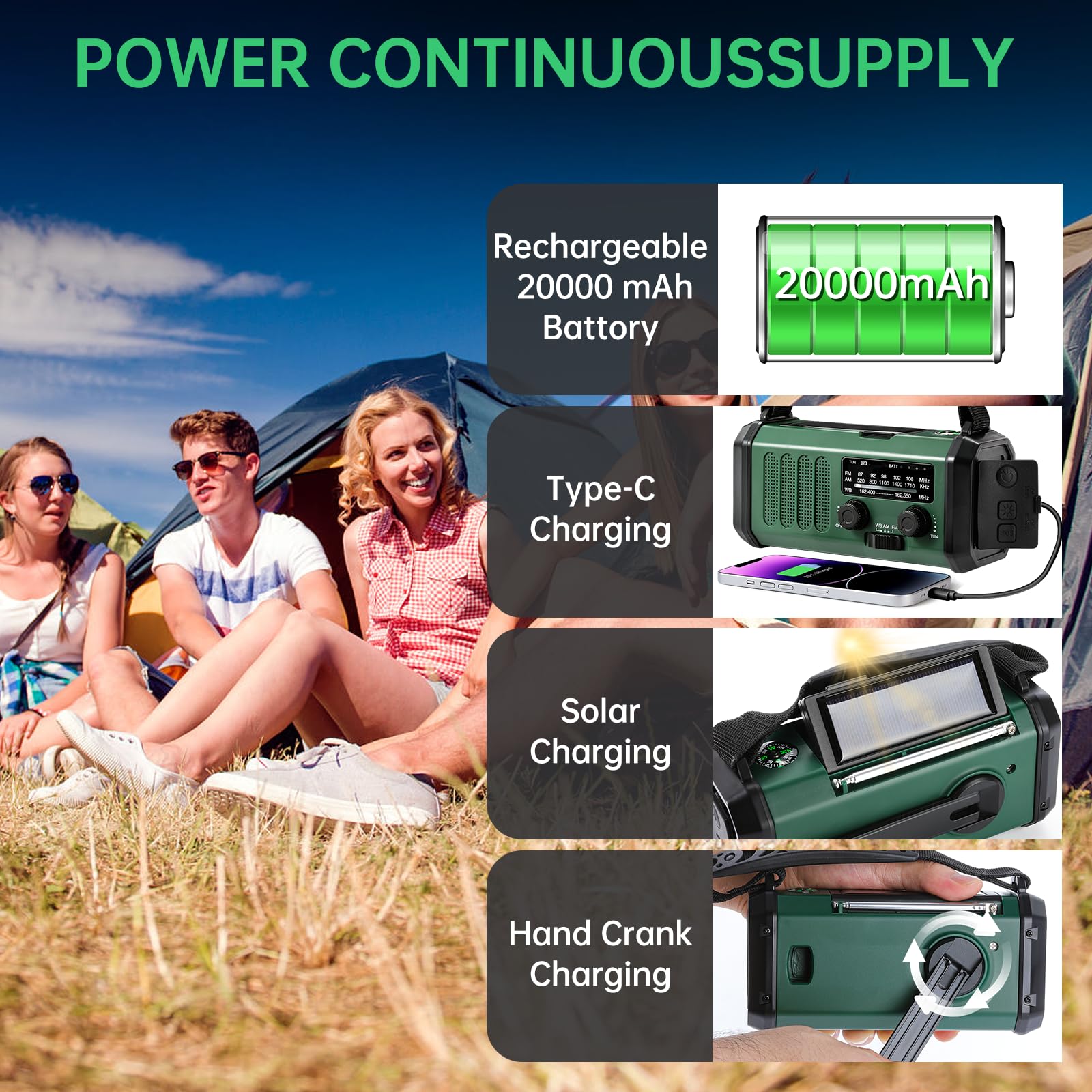 Radio d'urgence à manivelle solaire, radio météo AM/FM/NOAA intégrée 20 000 mAh, chargeur de type C, lampe de poche, lampe de lecture, SOS, compacte et portable pour camping/situations