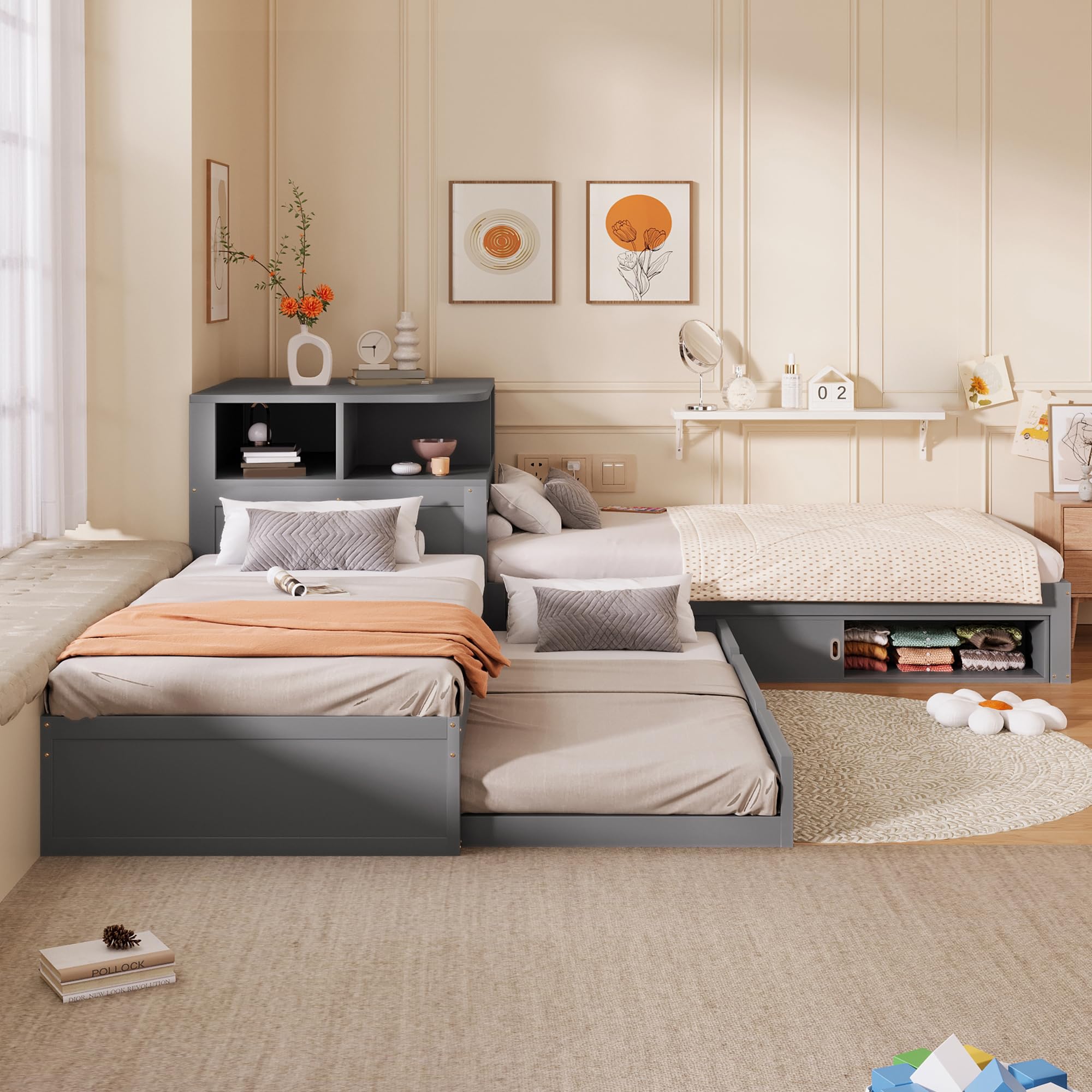Cama Nido 90x200 con Respaldo en Forma de L Cama Canapé Madera de Pino Single Bed con Almacenamiento Integrado Estructura Angular de Plataforma en L para Estudio Gris