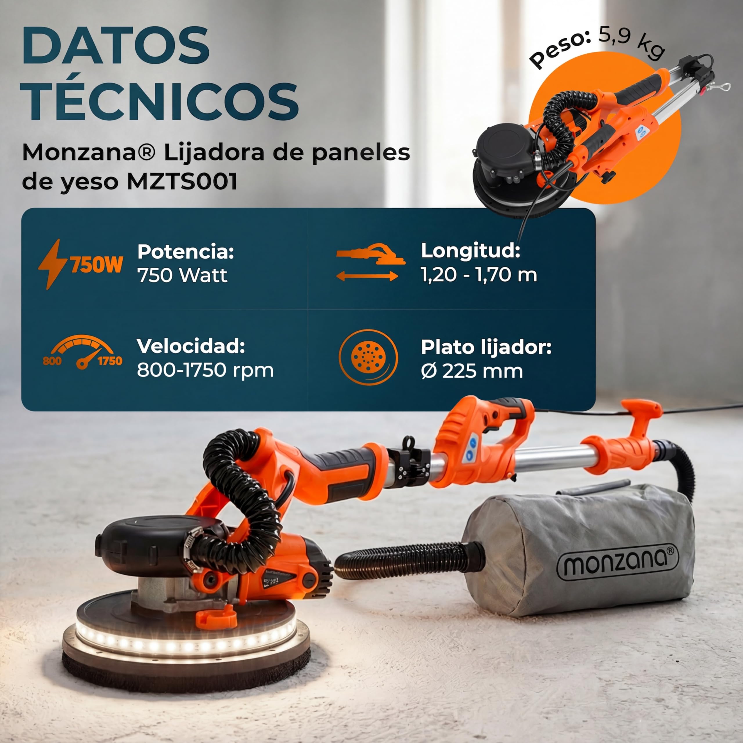 MONZANA® Lijadora Jirafa Eléctrica con Aspirador 750W Potente Luz LED Pulidora Plegable Pared Techo Obra Seca Ø225mm Placas Yeso Portátil Bolsa Almacenamiento Velocidad 5 Niveles 12 Discos Lijadores