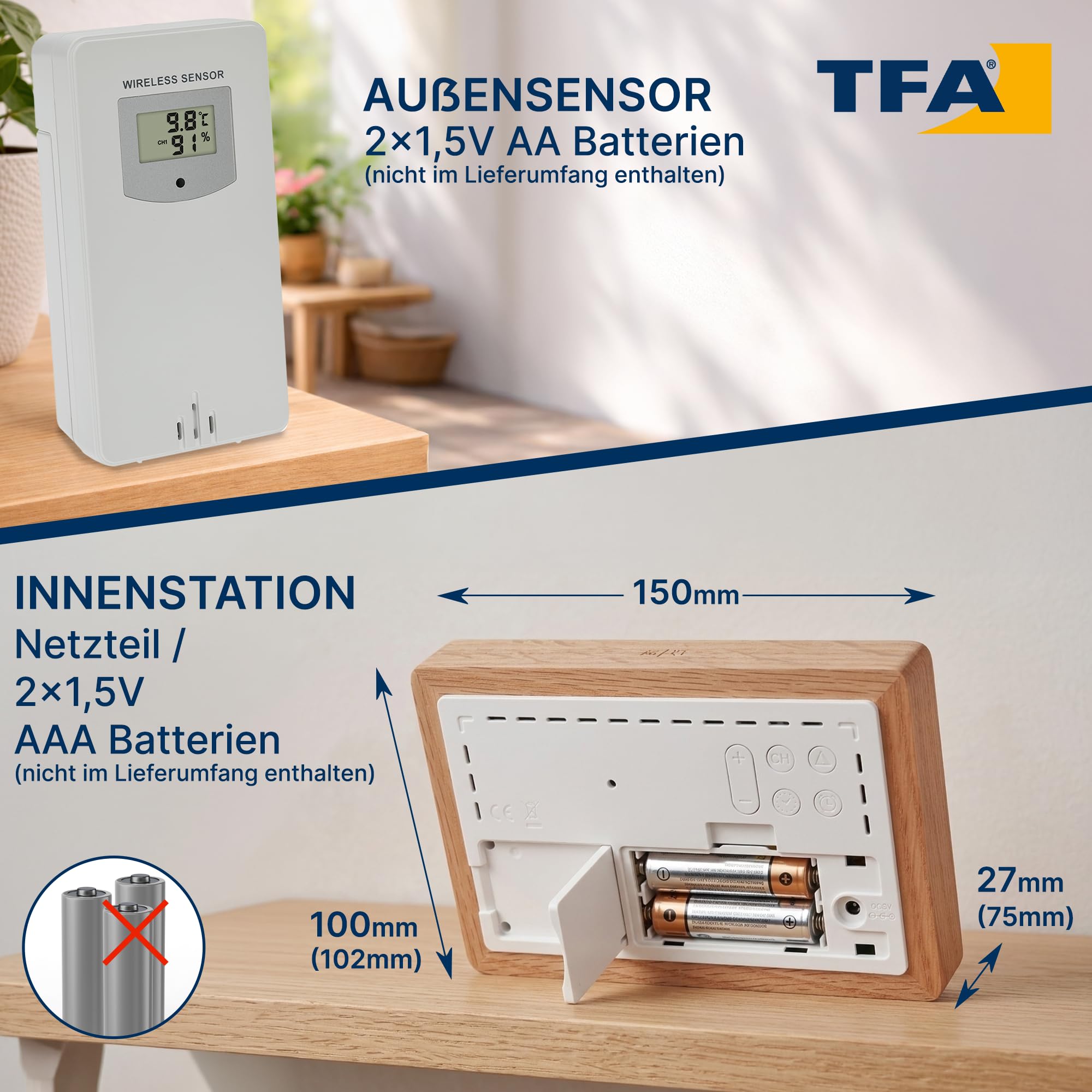 TFA Dostmann Funk-Wetterstation mit Außensensor OAK, 35.1167.54, Wettervorhersage, mit Holz-Rahmen, Innen- und Außentemperatur, Lüftungsempfehlung, dimmbar, inkl Wecker, digital, braun