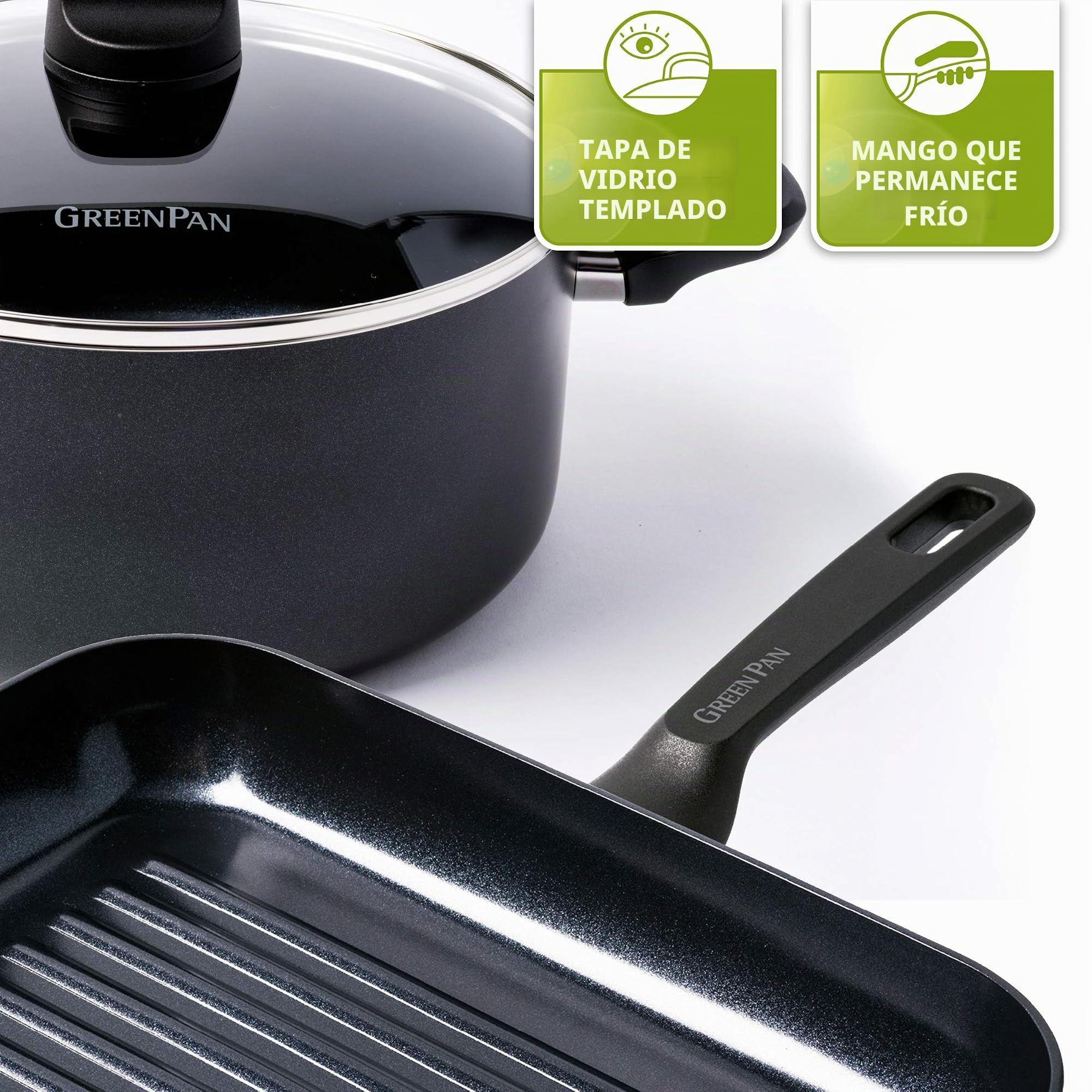 GreenPan Memphis Grill Antiadherente de Aluminio con Revestimiento de Cerámica, Apto para Todo Tipo de Cocinas, Inducción, Horno y Lavavajillas, 28 cm, Negro