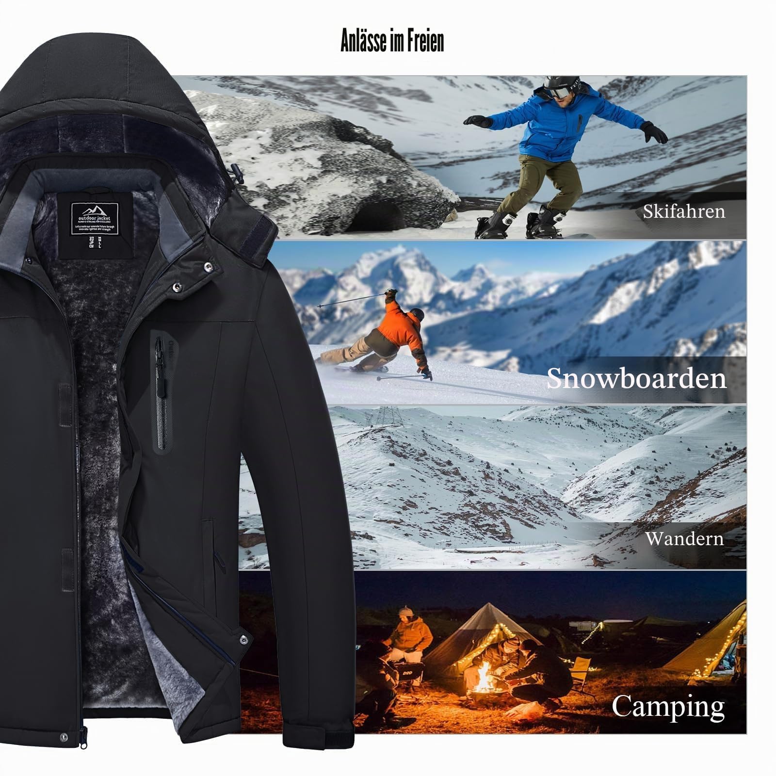 MAGCOMSEN Herren Skijacke Wasserdicht Winterjacke Gefüttert Winddicht Wanderjacke mit Abnehmbarer Kapuze