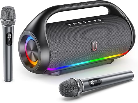 HWWR Portable Bluetooth Speaker with 2 Wireless Microphones, Loud Portable Speakers System, Deep Bass, Echo & Vocal Cut, IPX5 Water Resistant Outdoor Party PA Audio for Adults Kids Home Singing