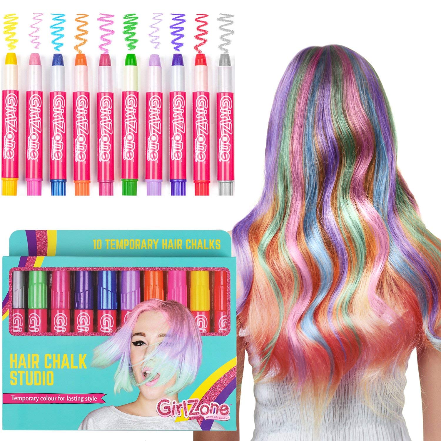 girlzone Hair Chalk and Face Paint for Girls 10 Colorful Pens Face 10